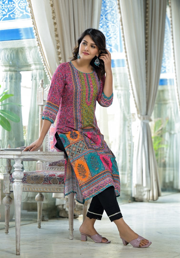 Juniper Women's Pink Floral Printed Liva Rayon Kurta With Beads & Sequins Work