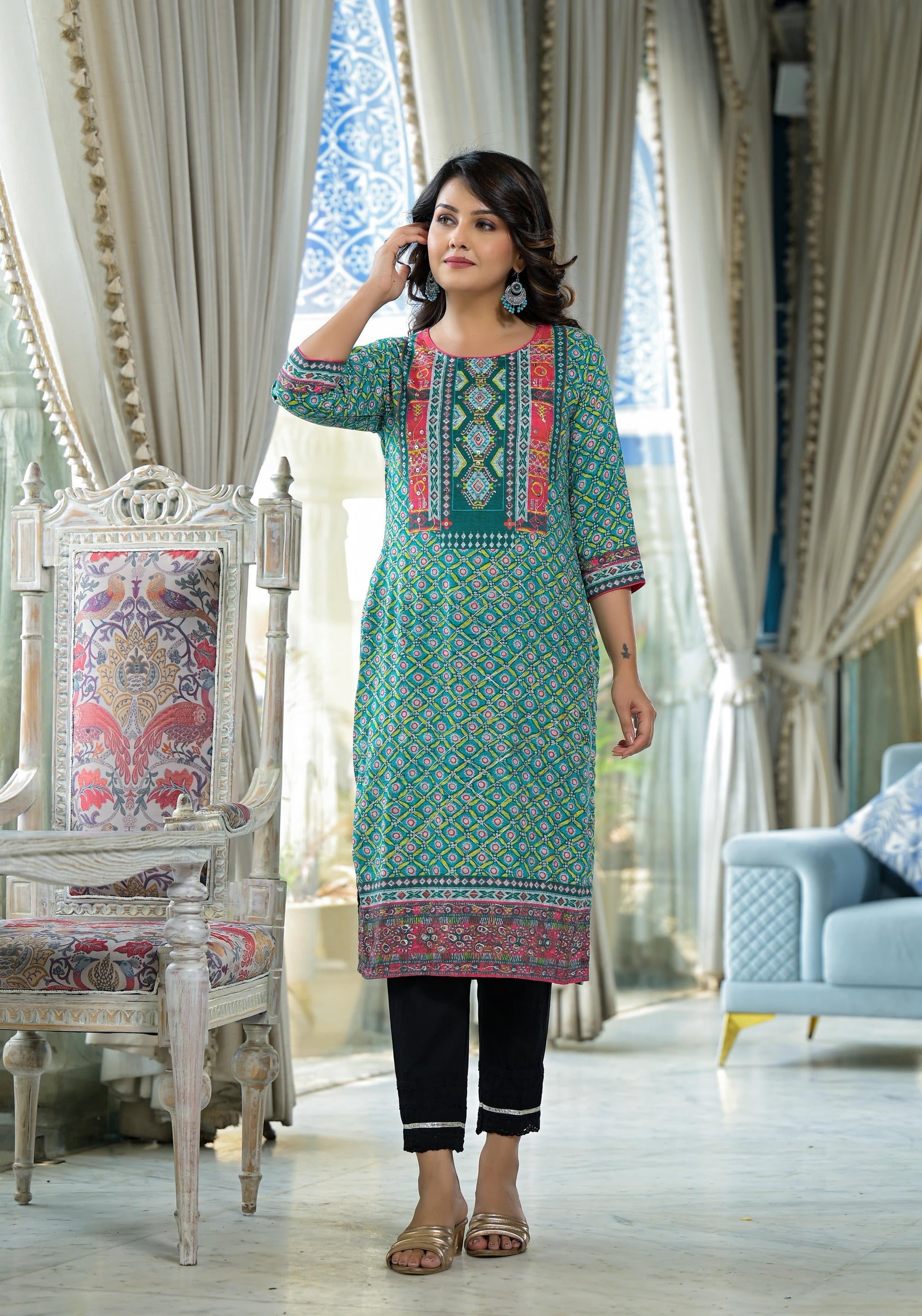 Juniper Teal Ethnic Motif Printed Liva Rayon Kurta With Sequins & Gota Patti Work