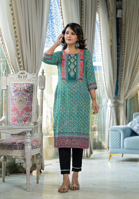 Juniper Teal Ethnic Motif Printed Liva Rayon Kurta With Sequins & Gota Patti Work