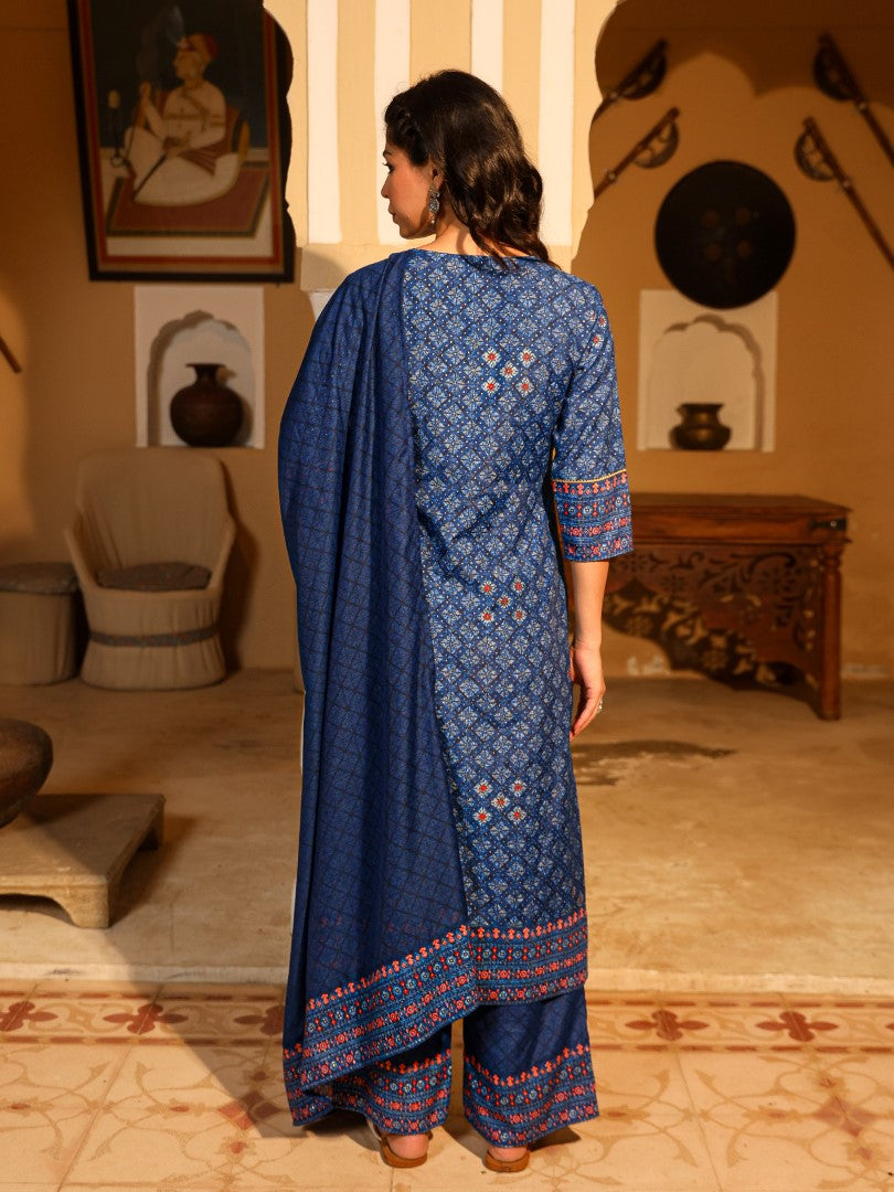 Juniper Women's Blue Ethnic Motif Printed Polycotton Kurta Pant And Dupatta Set With Thread Zari Work & Sequins