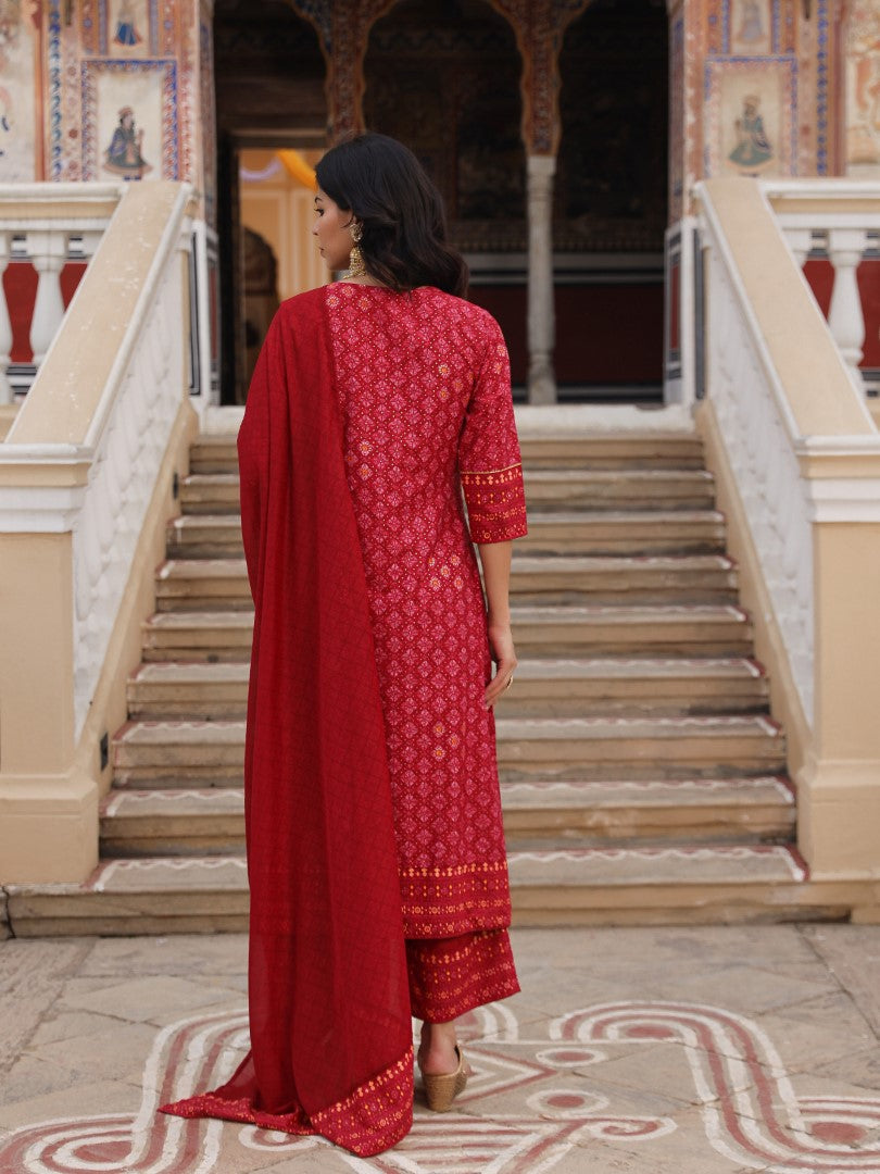 Juniper Women's Red Ethnic Motif Printed Polycotton Kurta Pant And Dupatta Set With Thread Zari Work & Sequins