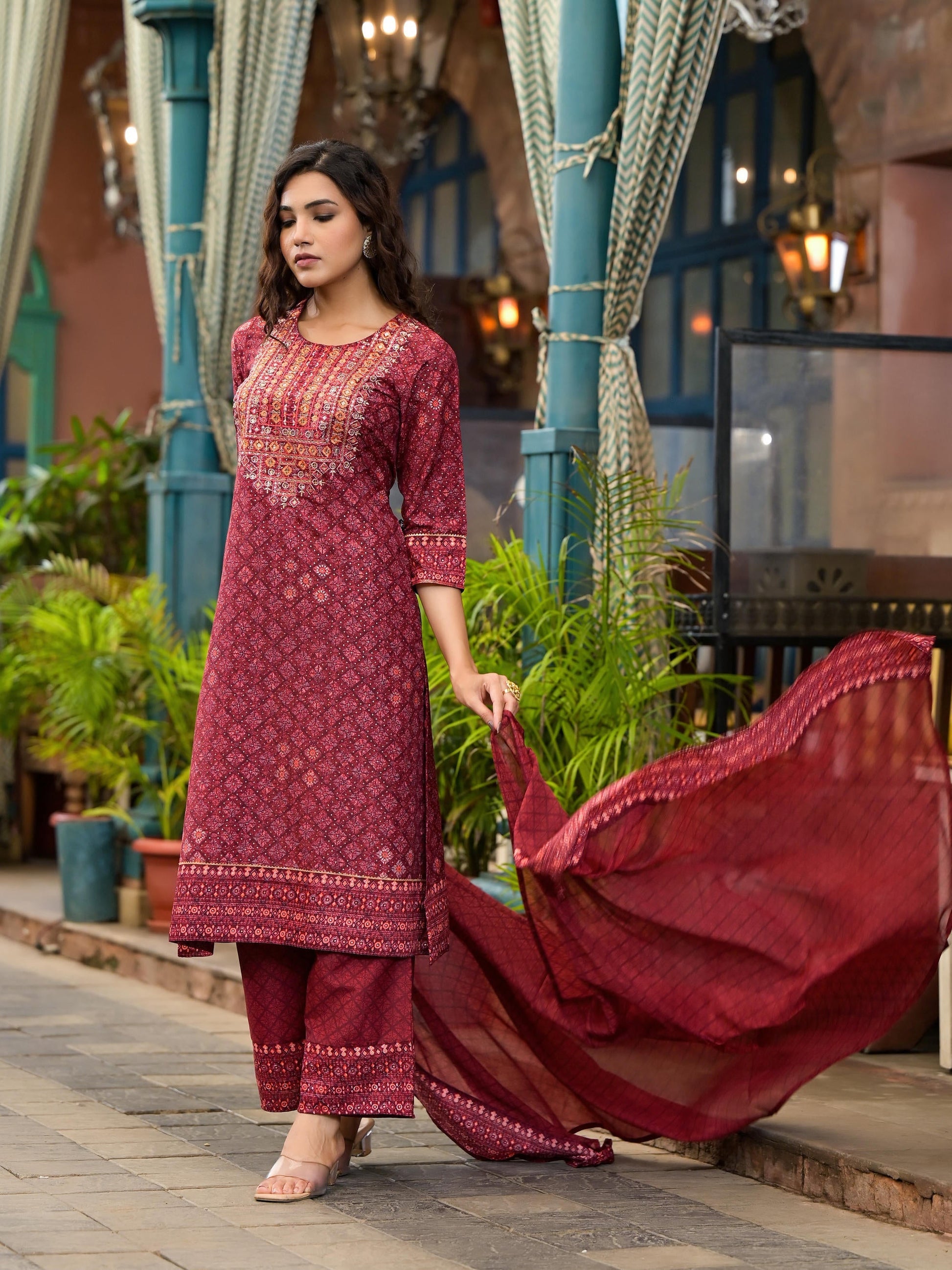 Juniper Women's Rust Ethnic Motif Printed Cotton Kurta Set With Thread Work & Sequins