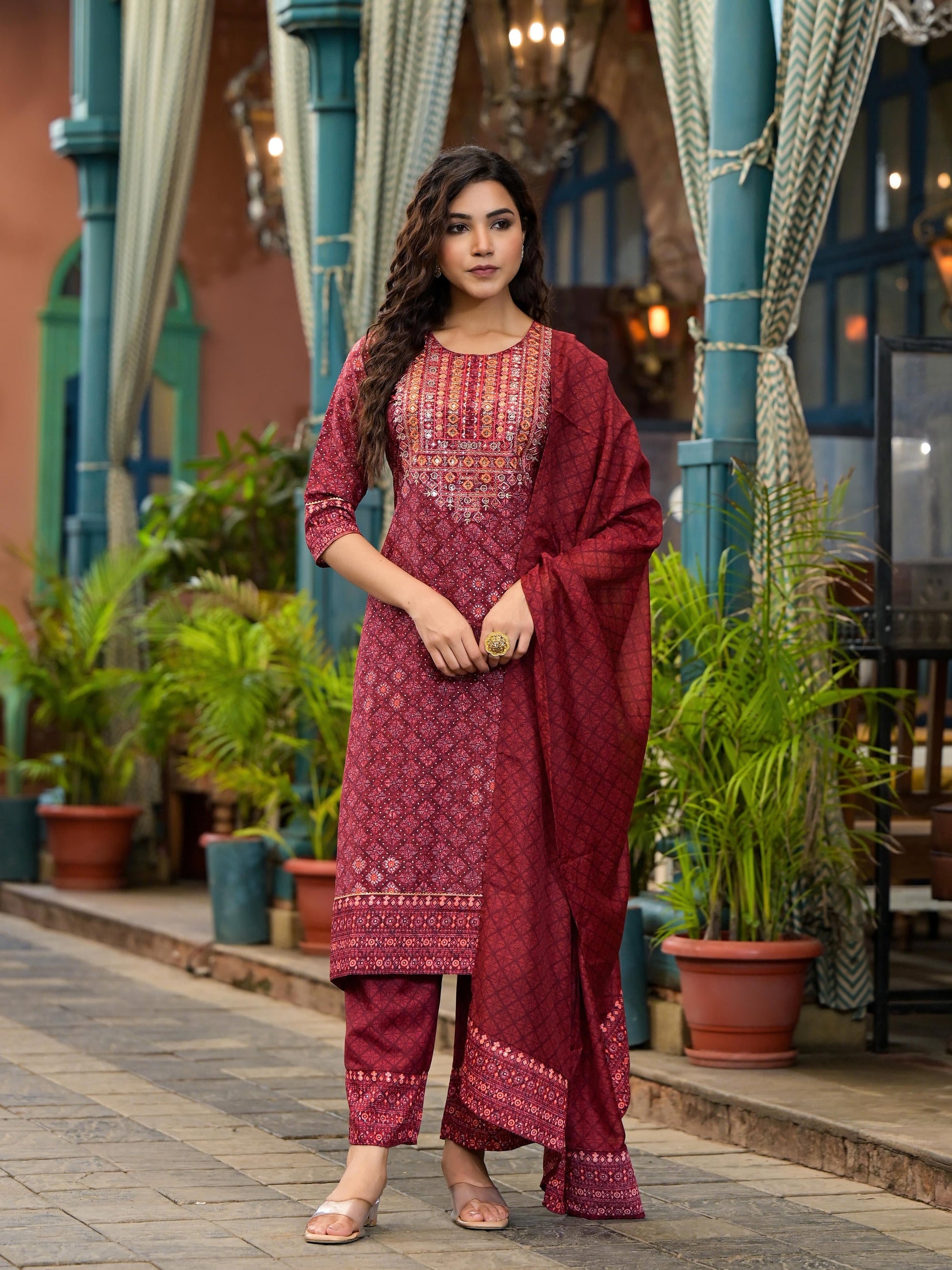 Juniper Women's Rust Ethnic Motif Printed Cotton Kurta Set With Thread Work & Sequins