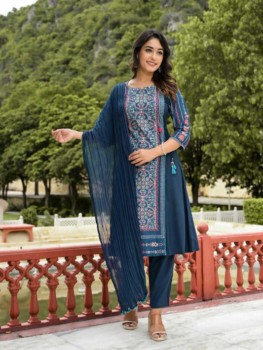 Juniper Women's Blue Floral Printed Liva Rayon Kurta Pant & Dupatta Set With Doris At Waist & Thread Work & Tassels