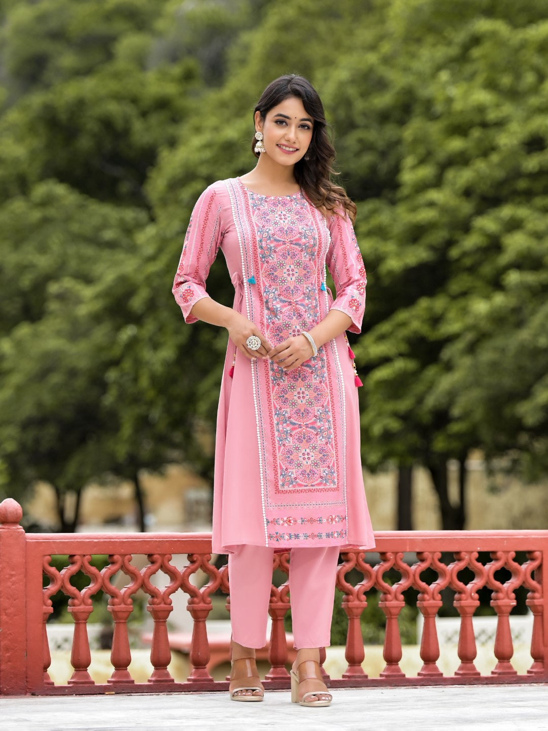 Juniper Women's Peach Floral Printed Liva Rayon Kurta Pant & Dupatta Set With Doris At Waist & Thread Work & Tassels