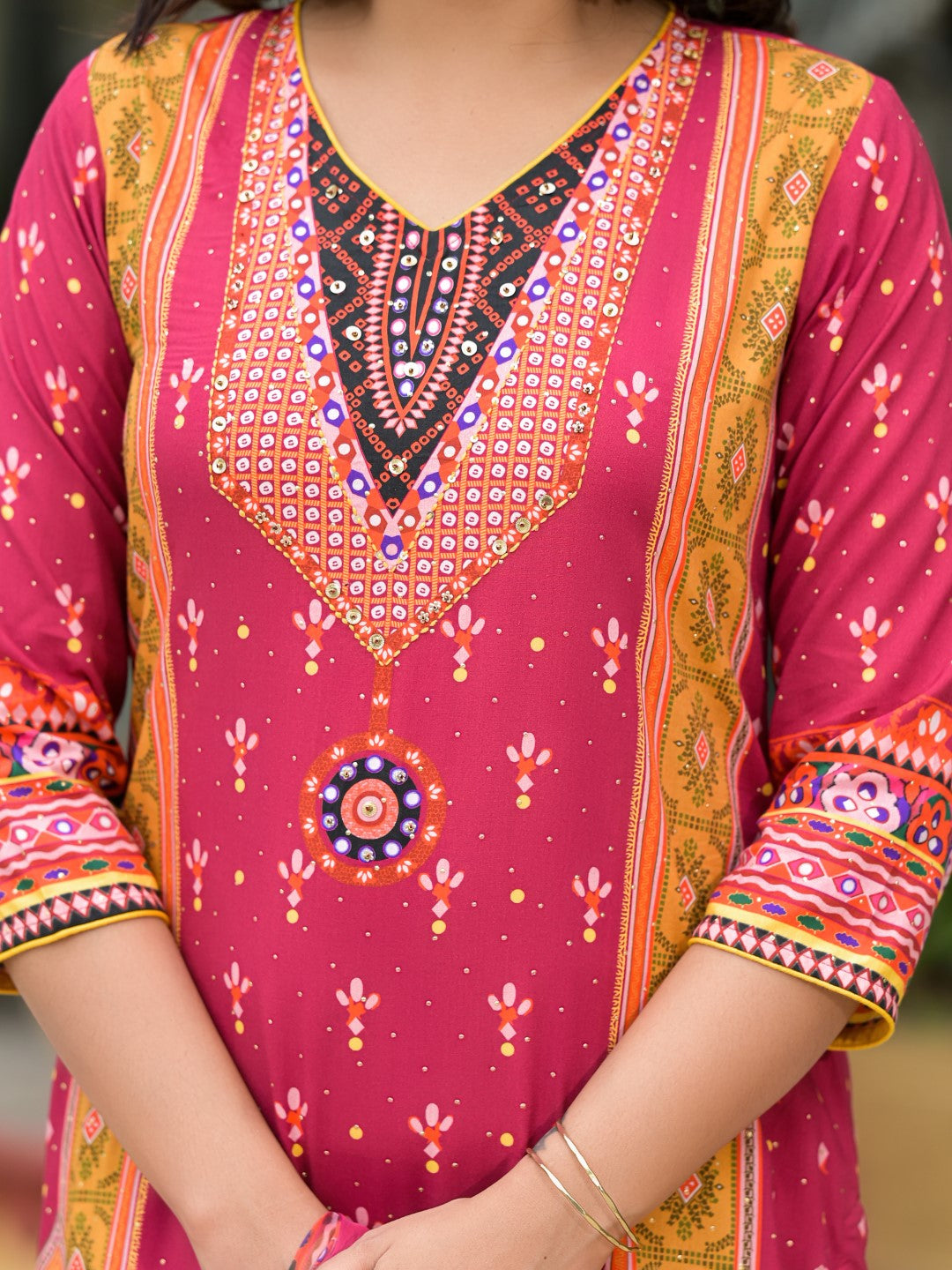 Juniper Women's Maroon Ethnic Motif Printed Liva Rayon Kurta Pant And Dupatta Set With Mirror Work & Sequins