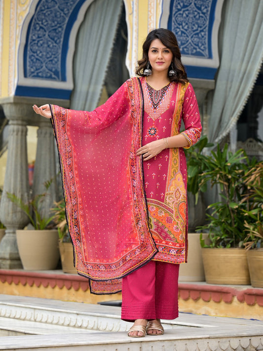 Juniper Women's Maroon Ethnic Motif Printed Liva Rayon Kurta Pant And Dupatta Set With Mirror Work & Sequins