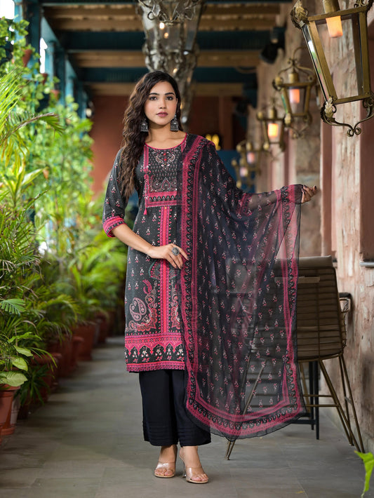 Juniper Women's Black Ethnic Motif Printed Liva Rayon Kurta Set With Buttons Coins & Tassels