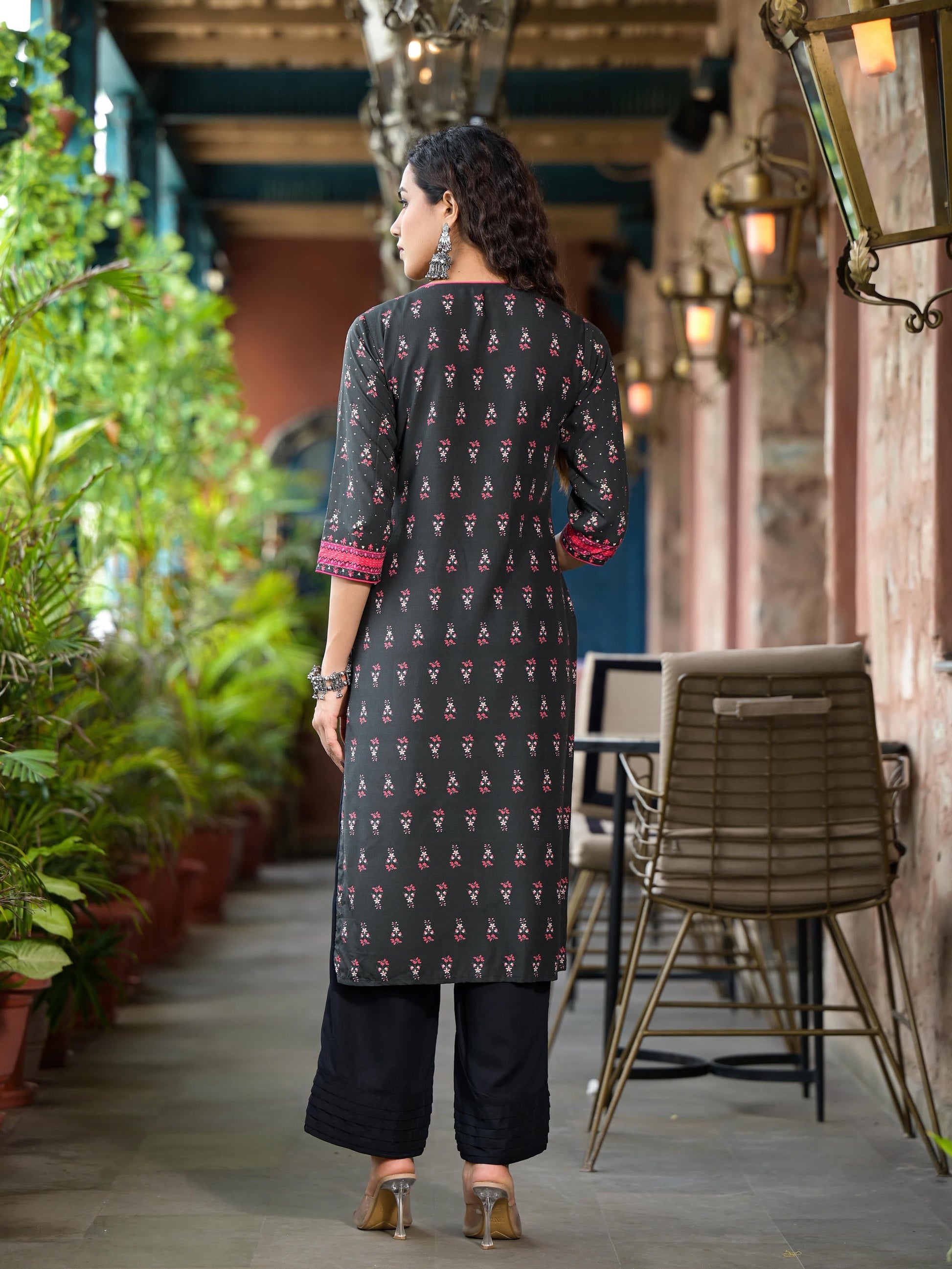 Juniper Women's Black Ethnic Motif Printed Liva Rayon Kurta Set With Buttons Coins & Tassels