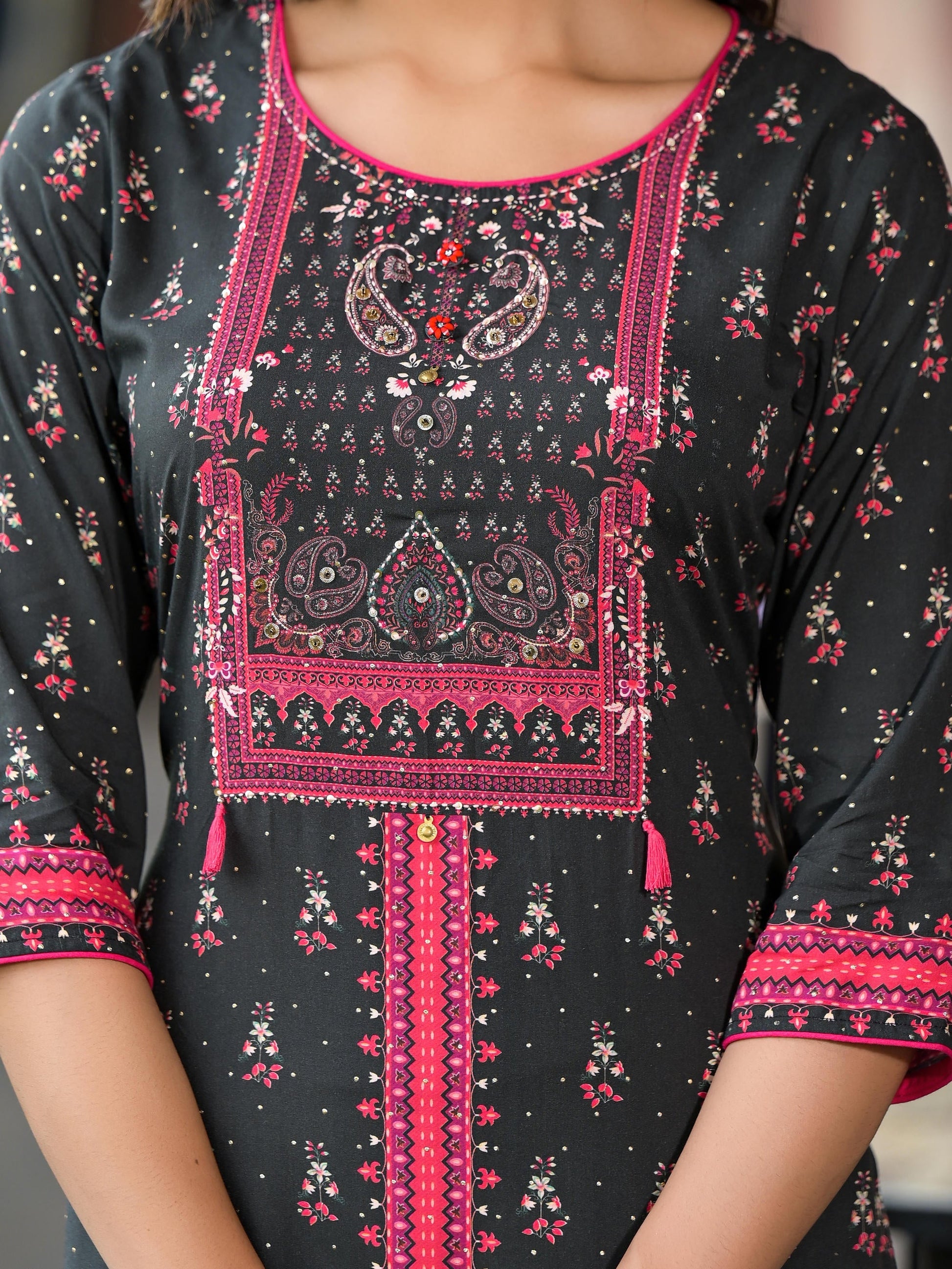 Juniper Women's Black Ethnic Motif Printed Liva Rayon Kurta Set With Buttons Coins & Tassels