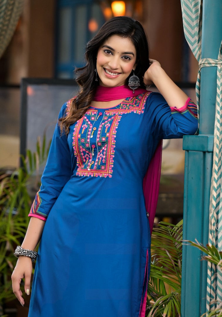 Juniper Women's Blue Thread Embroidered Liva Rayon Kurta Pant And Dupatta Set With Mirror Work Beads & Coins