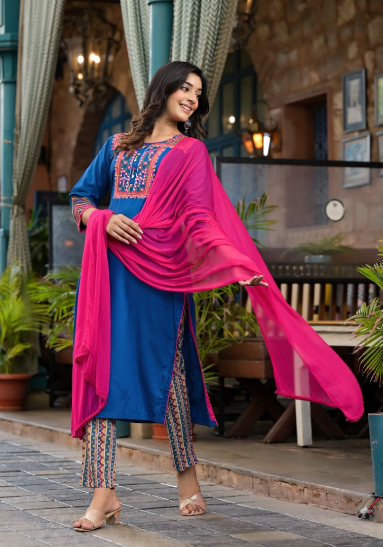 Juniper Women's Blue Thread Embroidered Liva Rayon Kurta Pant And Dupatta Set With Mirror Work Beads & Coins