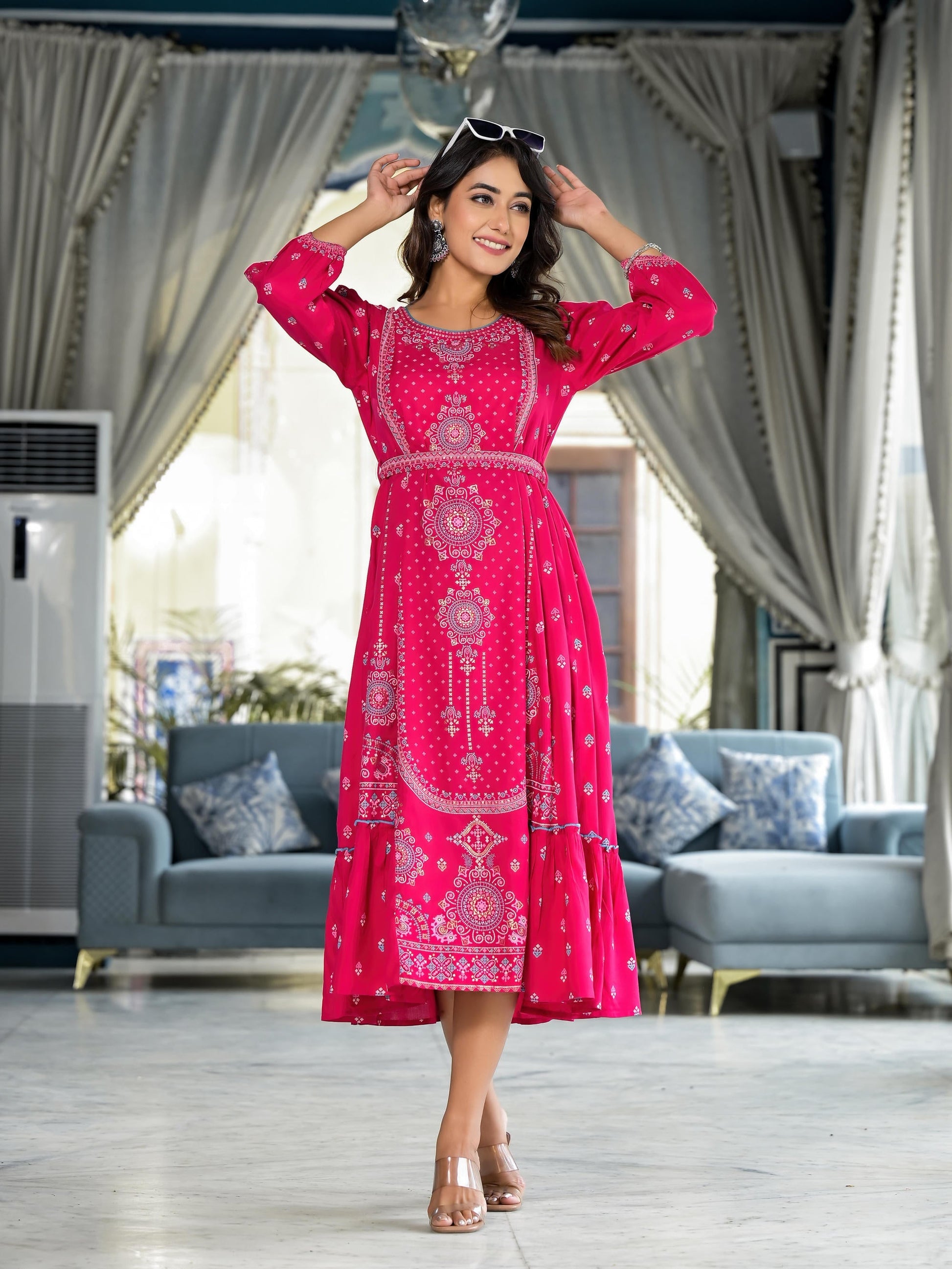 Juniper Fuchsia Ethnic Motif Printed Liva Rayon A-Lined Tiered Dress With Belt