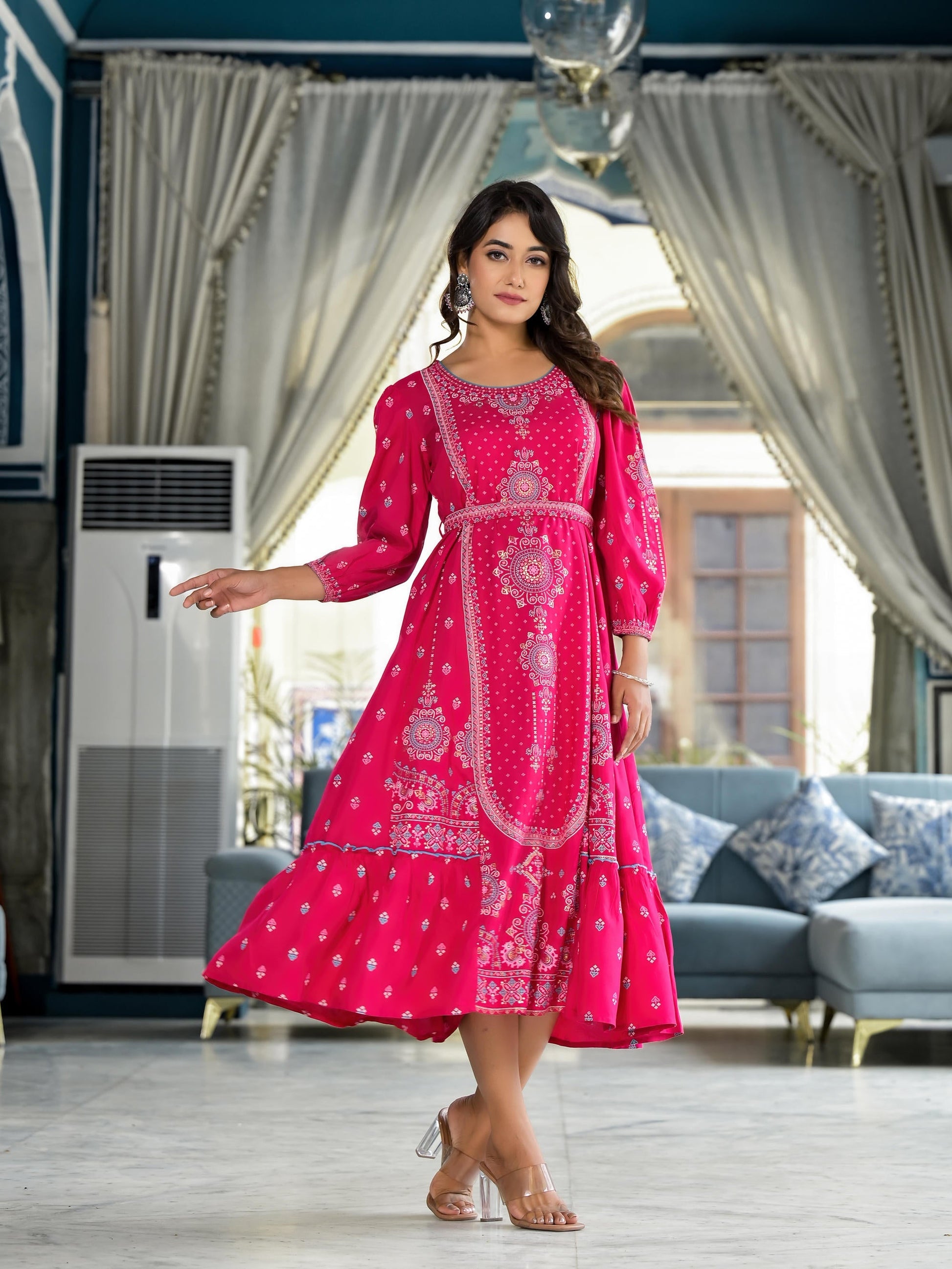 Juniper Fuchsia Ethnic Motif Printed Liva Rayon A-Lined Tiered Dress With Belt