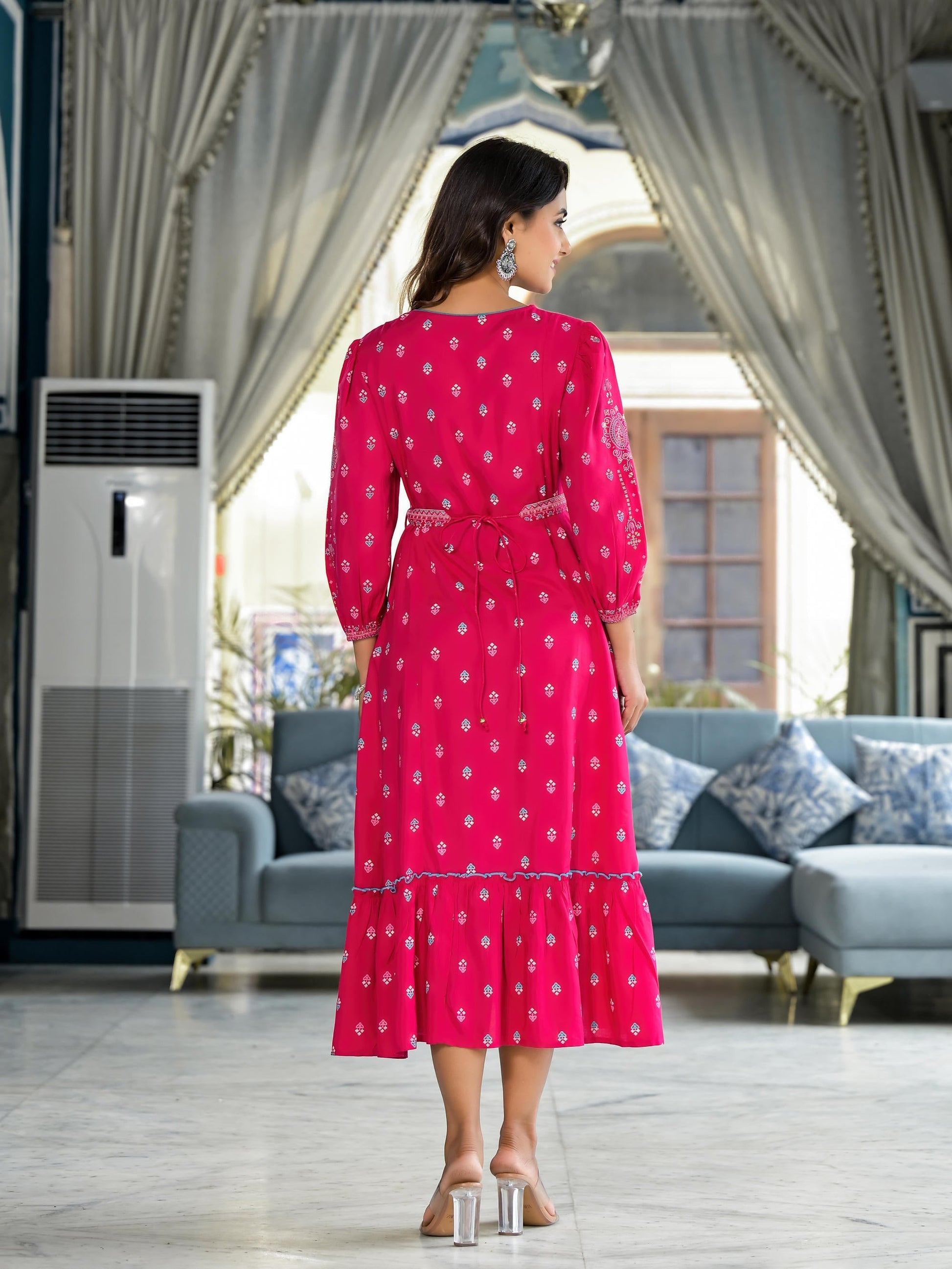 Juniper Fuchsia Ethnic Motif Printed Liva Rayon A-Lined Tiered Dress With Belt