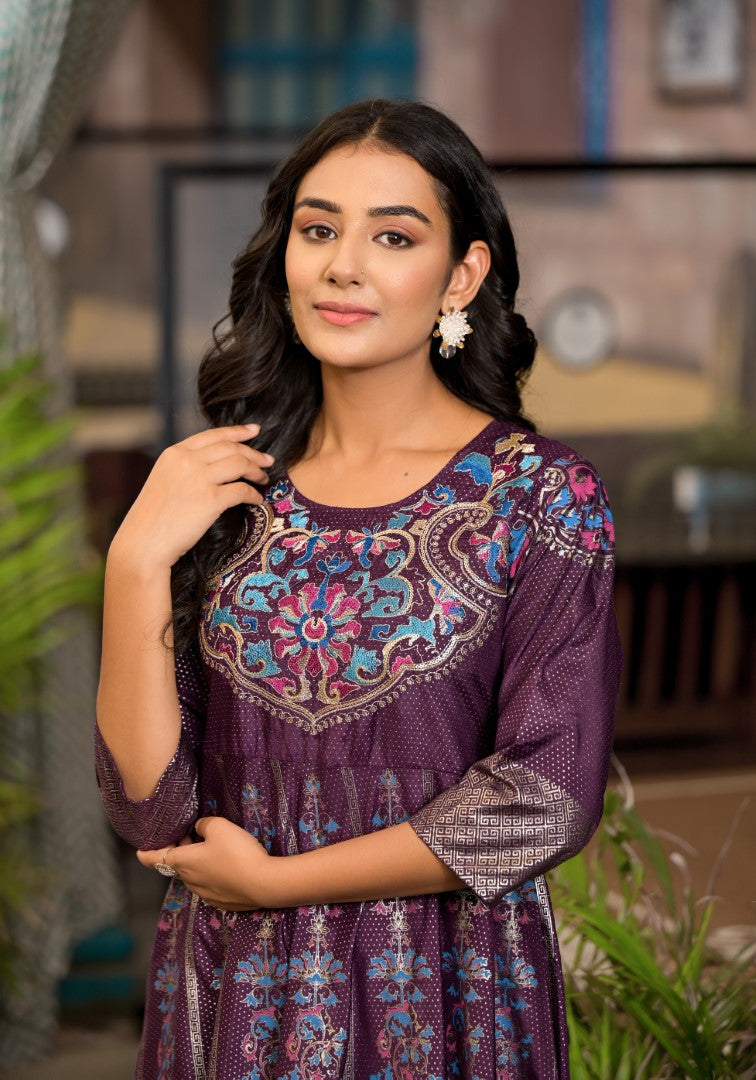 Juniper Women's Plum Ethnic Motif Printed Santoon Dress With Thread & Zari Work