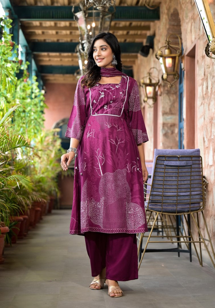 Juniper Women's Wine Abstract Printed Liva Rayon A-Lined Kurta Pant And Dupatta Set With Doris At Waist
