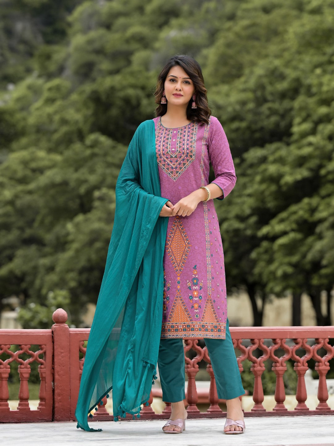 Juniper Women's Lavender Ethnic Motif Printed Liva Rayon Kurta Pant And Dupatta Set With Buttons & Tassels