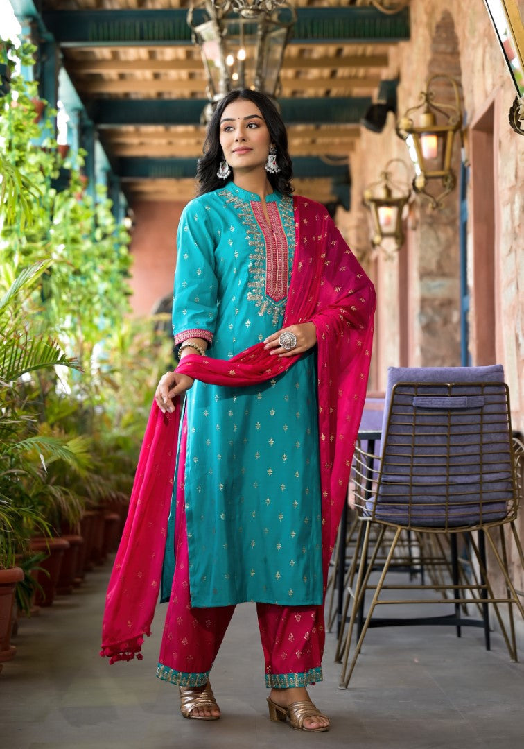 Juniper Women's Turquoise Ethnic Motif Printed Liva Rayon Kurta Pant And Dupatta Set With Zari & Mirror Work