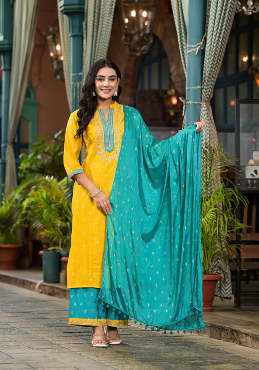 Juniper Women's Yellow Viscose Rayon Embroidered Kurta Set