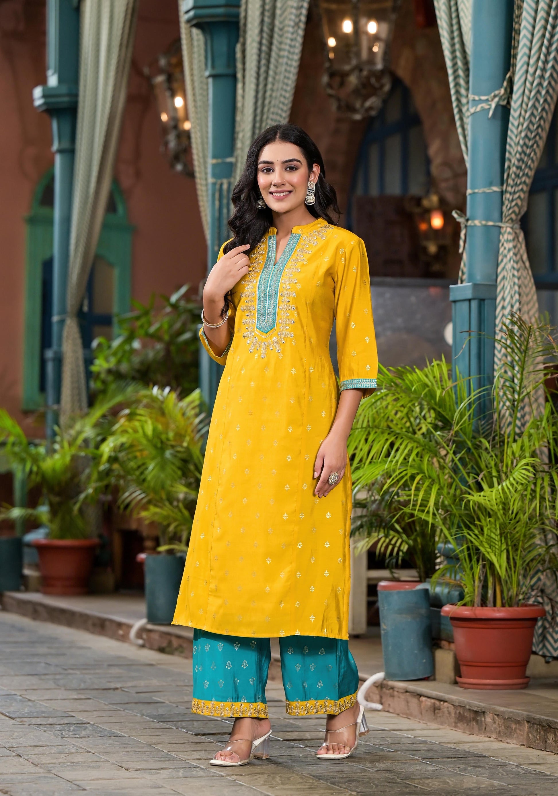 Juniper Women's Yellow Viscose Rayon Embroidered Kurta Set