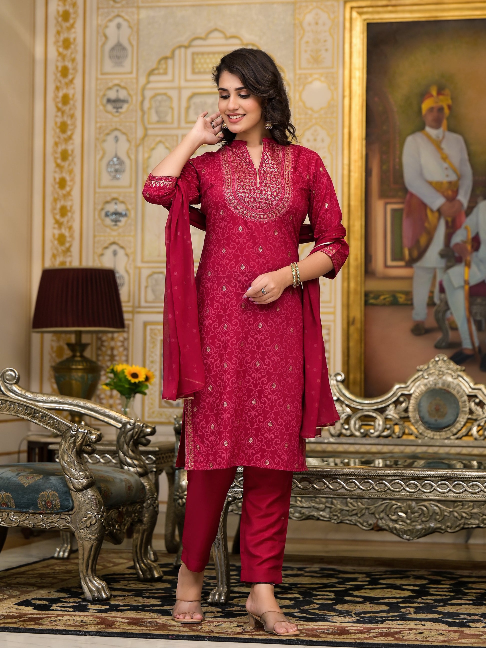 Juniper Women's Women Red Printed Straight Kurta Pants & Dupatta Set
