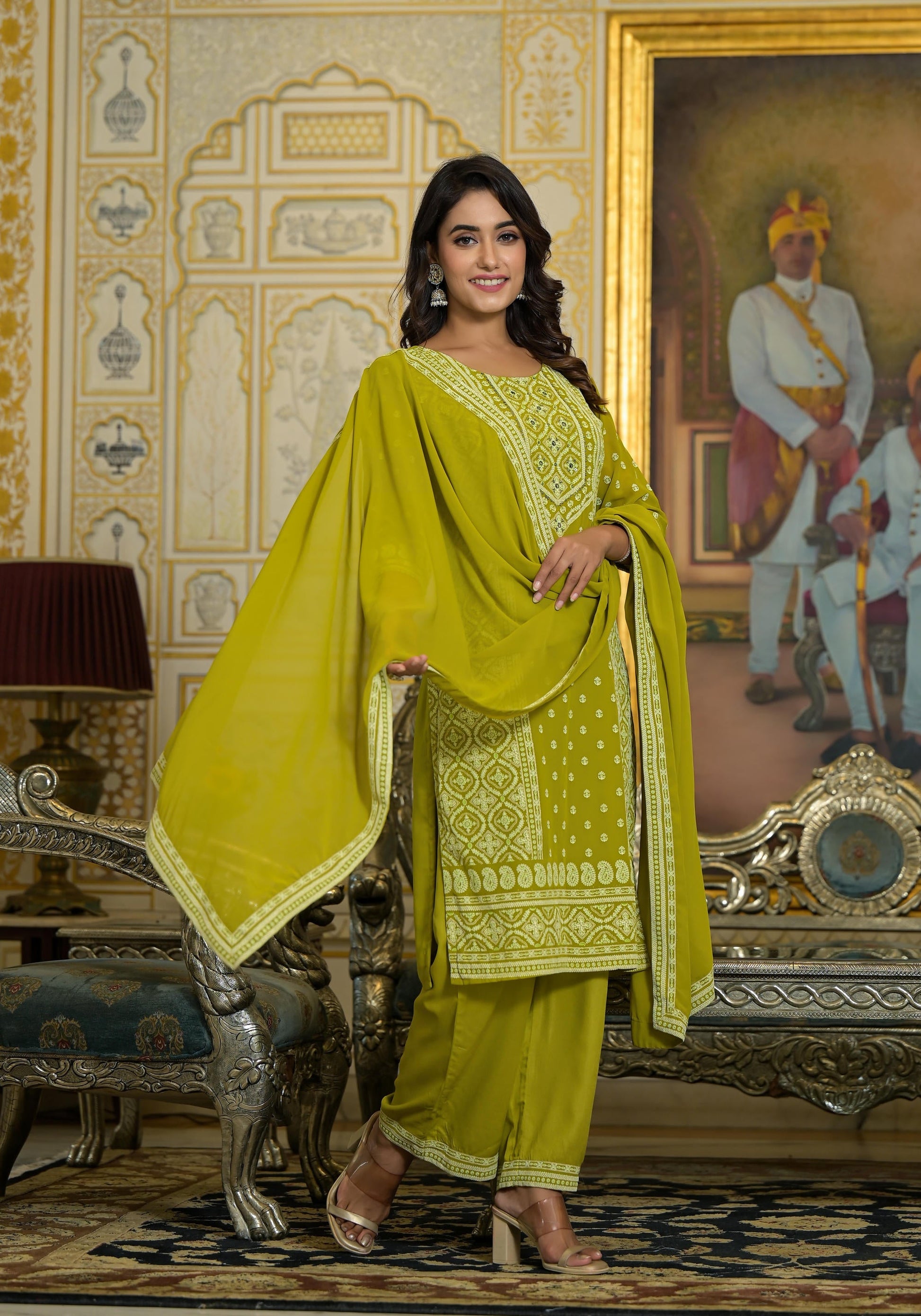 Juniper Women's Green Georgette Embroidered Kurta Set