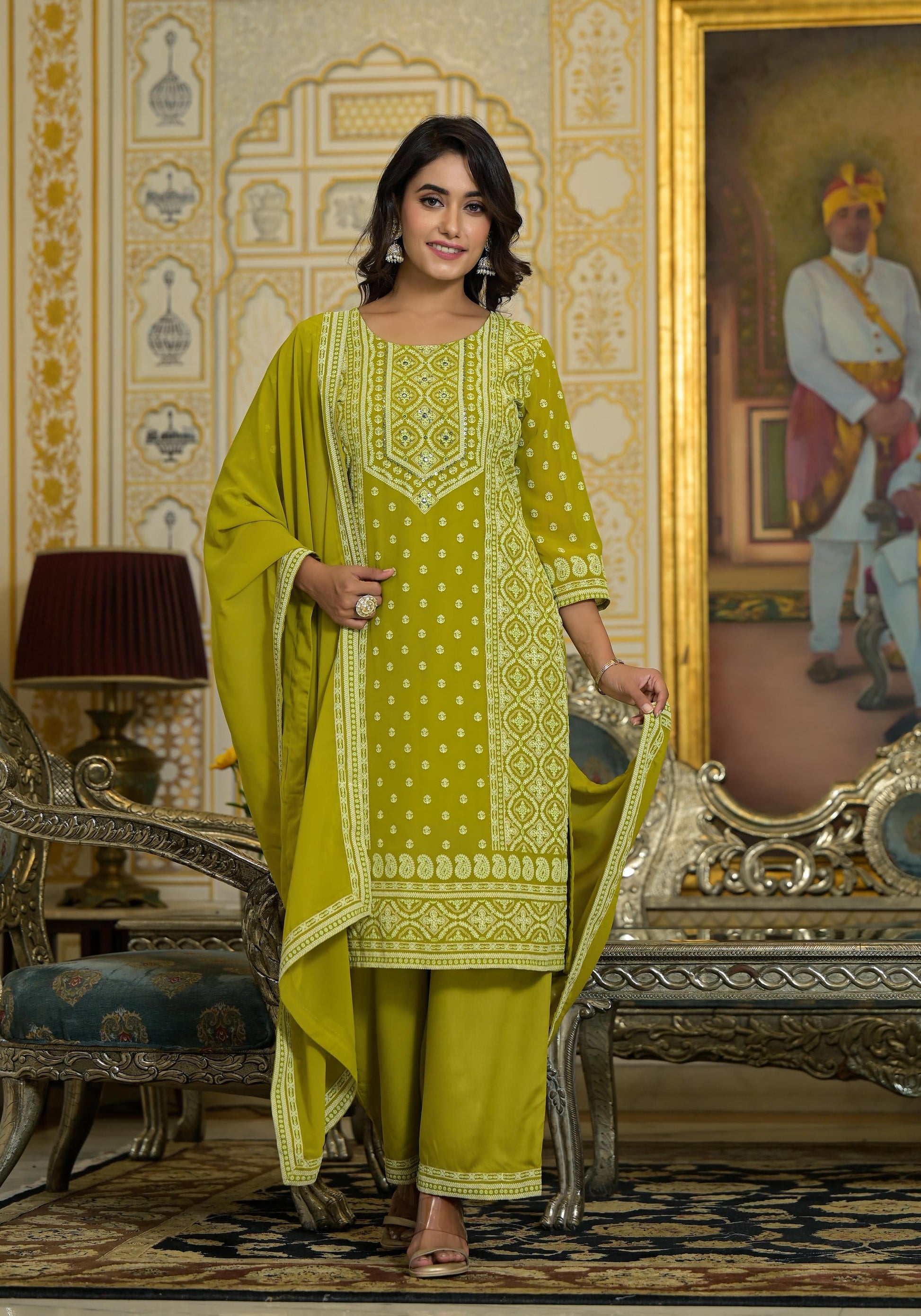 Juniper Women's Green Georgette Embroidered Kurta Set