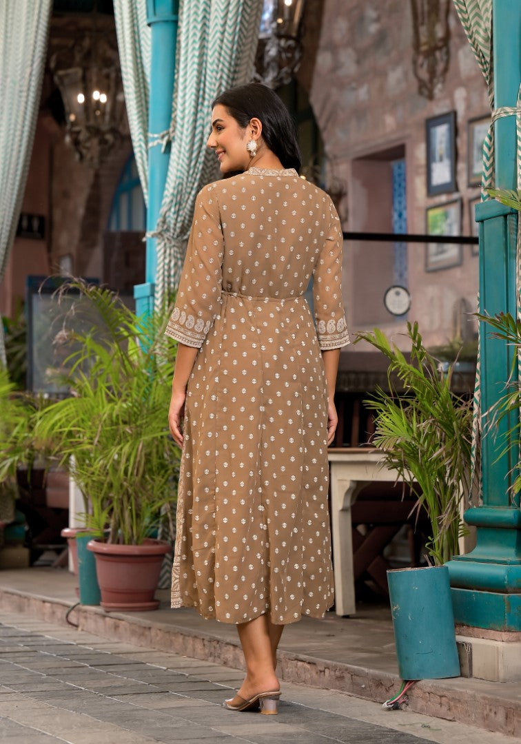 Juniper Women's Brown Ethnic Motif Printed Georgette A-Lined Dress With Sequins & Doris