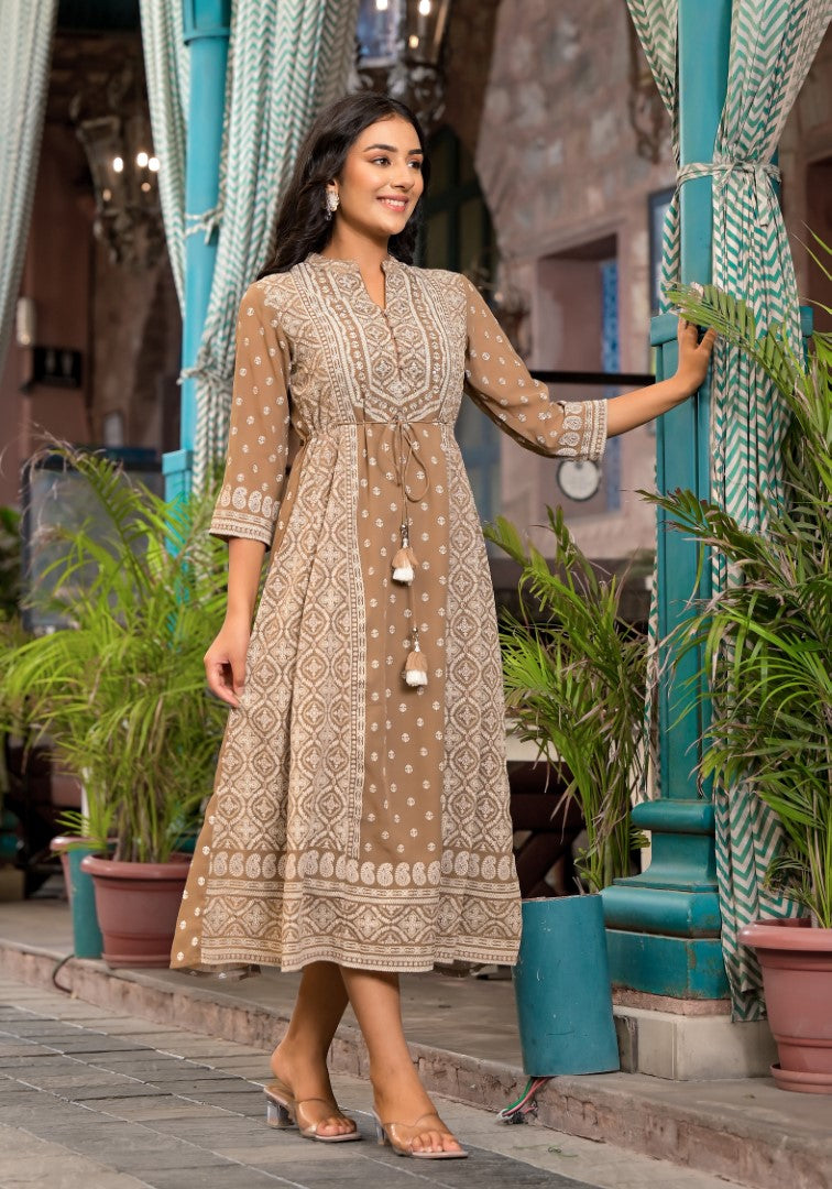 Juniper Women's Brown Ethnic Motif Printed Georgette A-Lined Dress With Sequins & Doris