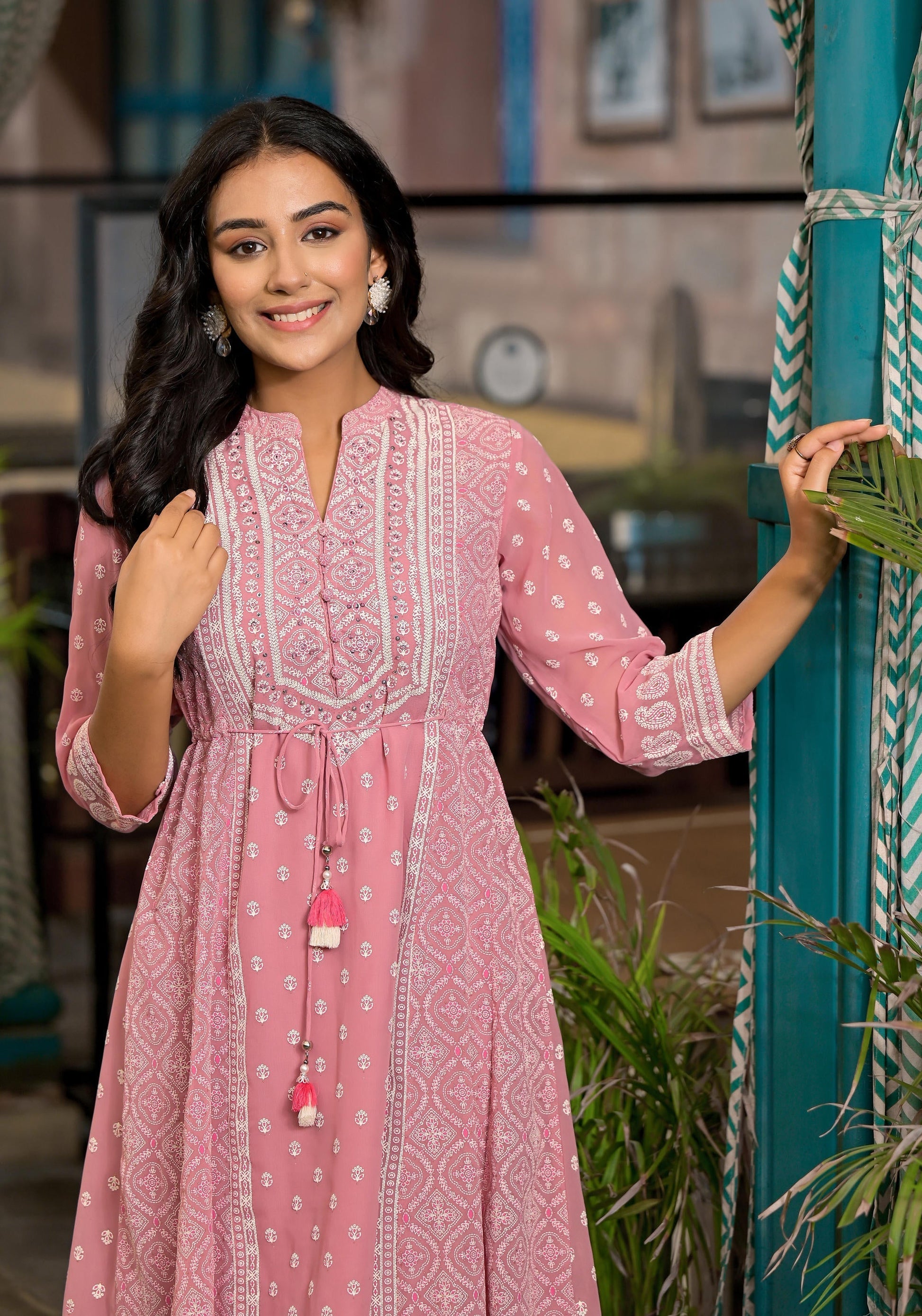 Juniper Pink Ethnic Motif Printed Georgette A-Lined Dress With Sequins & Doris