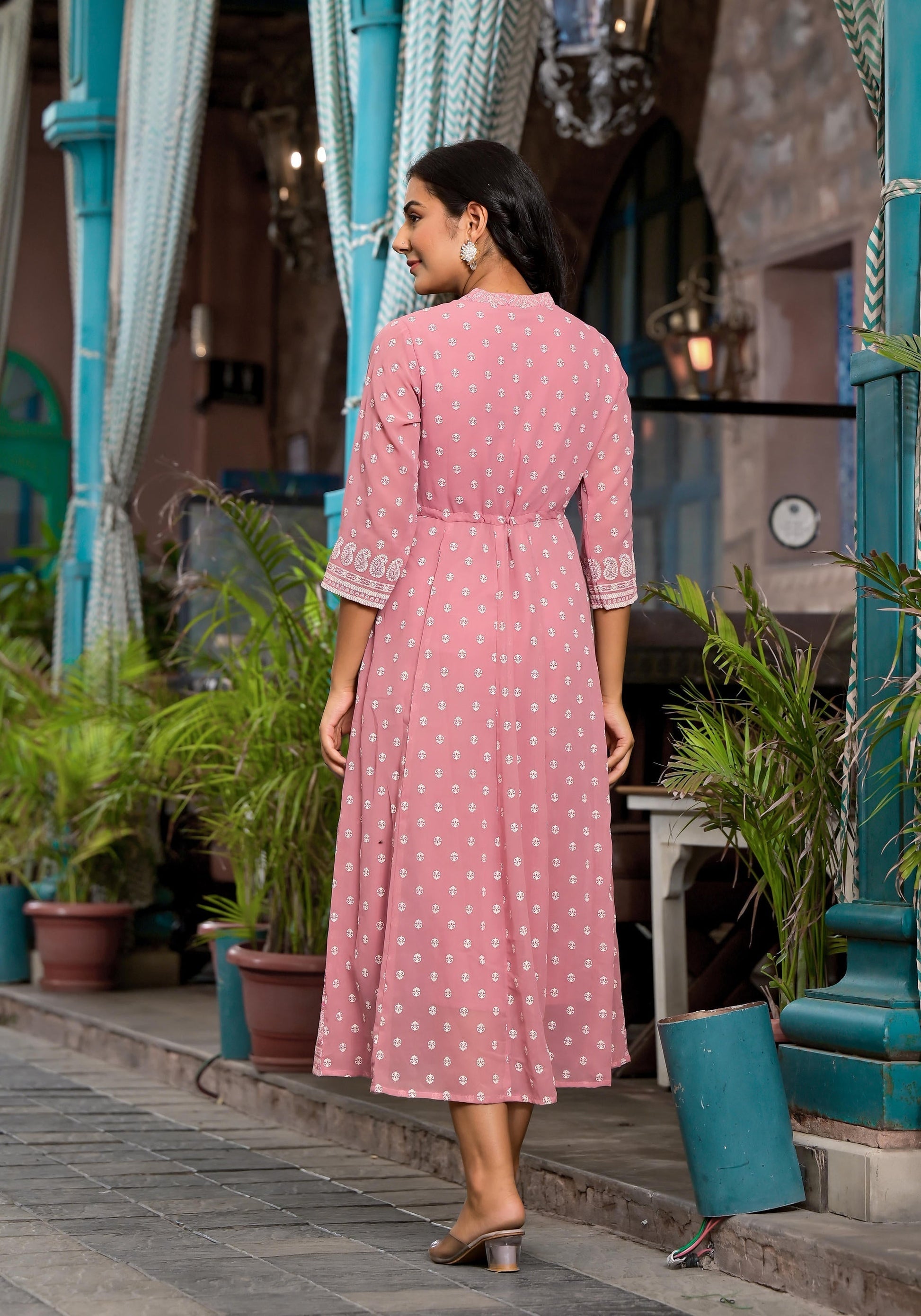 Juniper Pink Ethnic Motif Printed Georgette A-Lined Dress With Sequins & Doris
