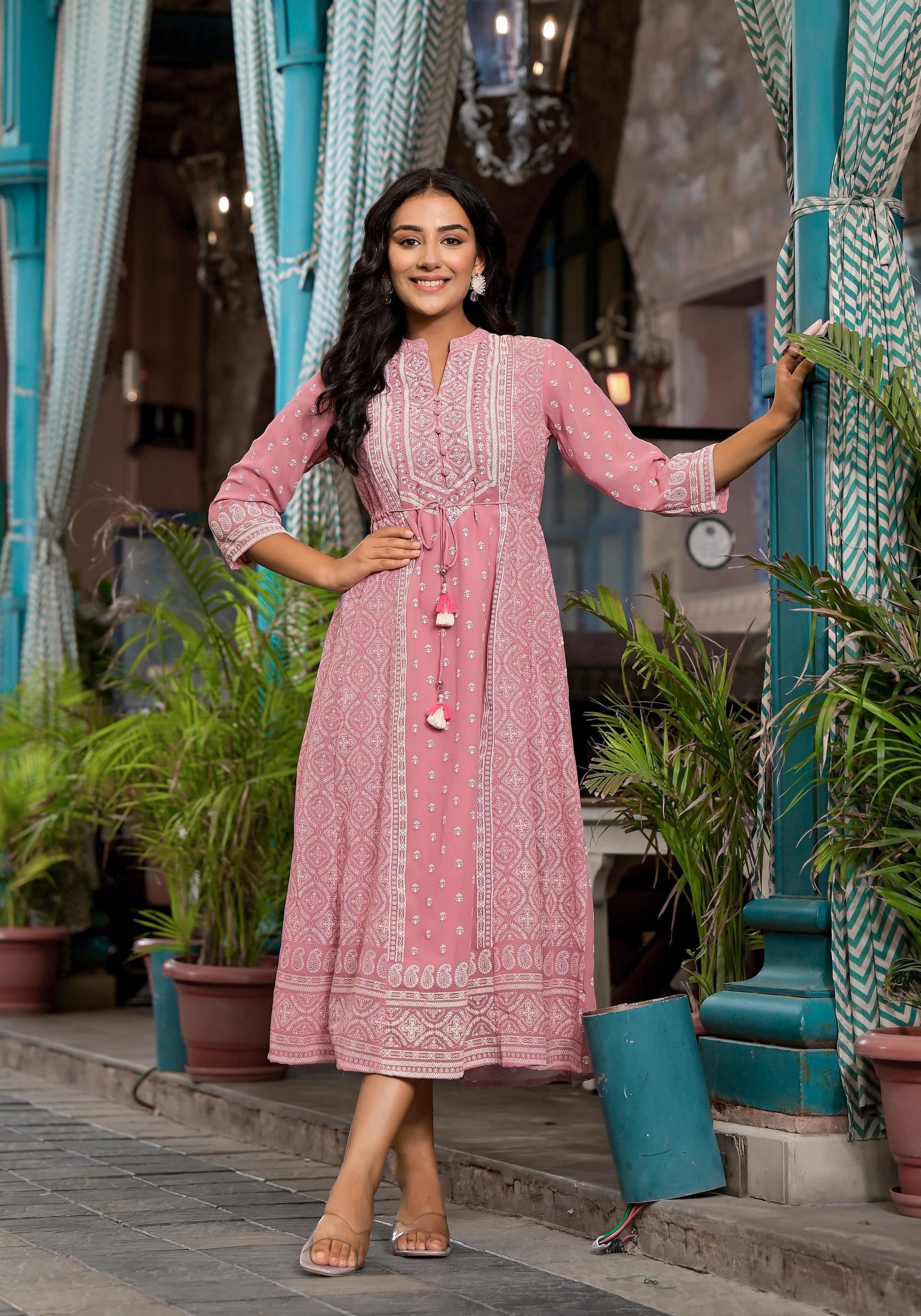Juniper Pink Ethnic Motif Printed Georgette A-Lined Dress With Sequins & Doris