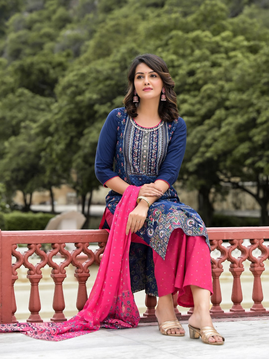 Juniper Women's Blue Ethnic Motif Printed Viscose Kurta Pant And Dupatta Set With Sequins Work