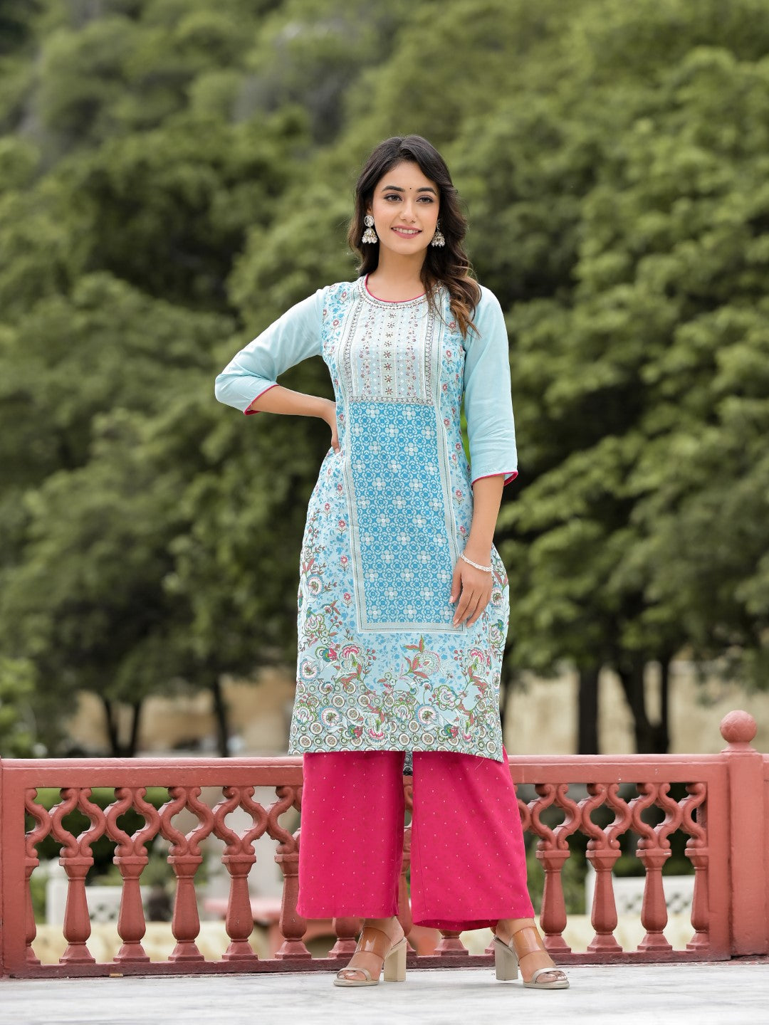 Juniper Women's Sky Blue Ethnic Motif Printed Viscose Kurta Pant And Dupatta Set With Sequins Work And Beads Work