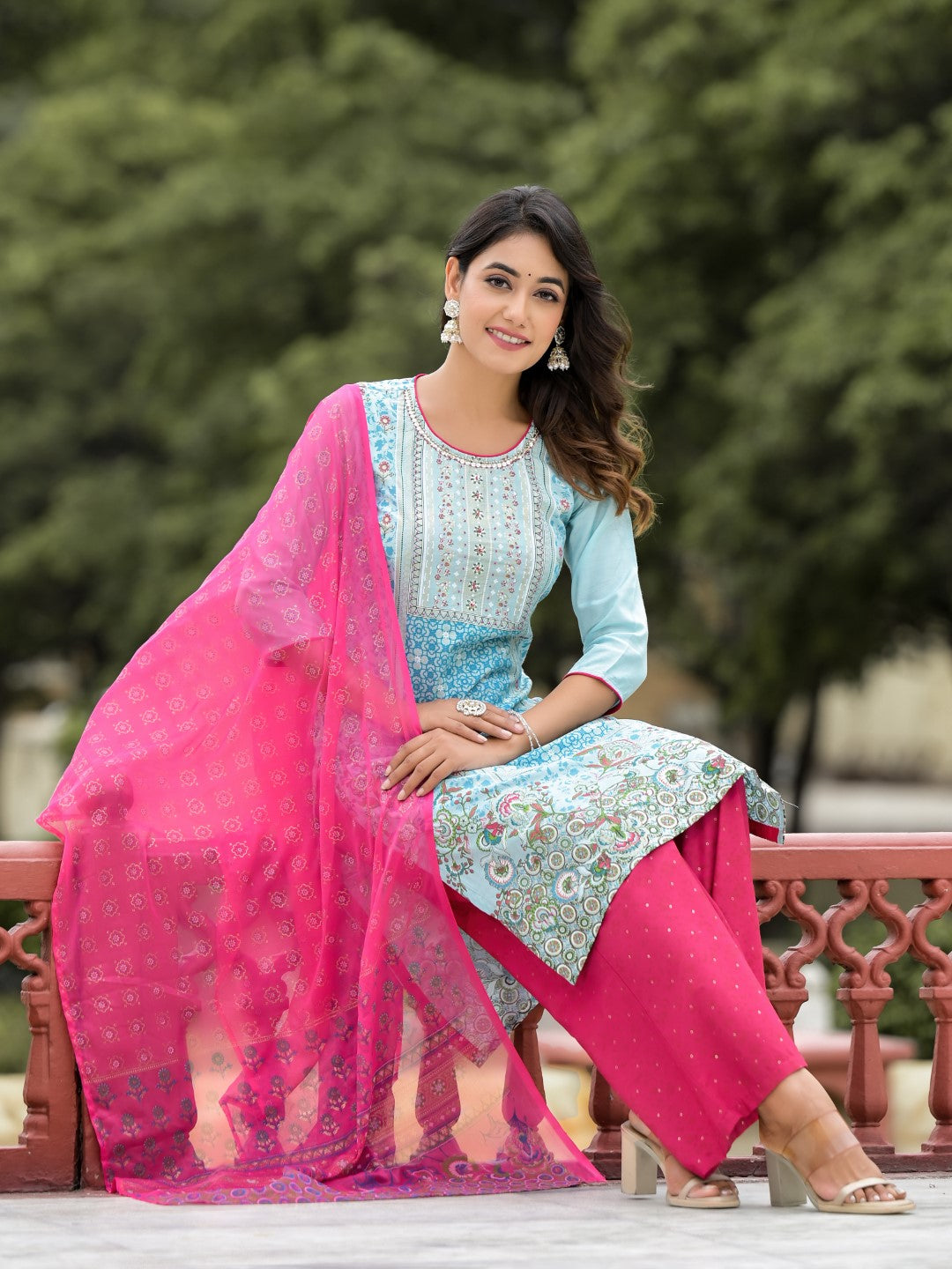 Juniper Women's Sky Blue Ethnic Motif Printed Viscose Kurta Pant And Dupatta Set With Sequins Work And Beads Work