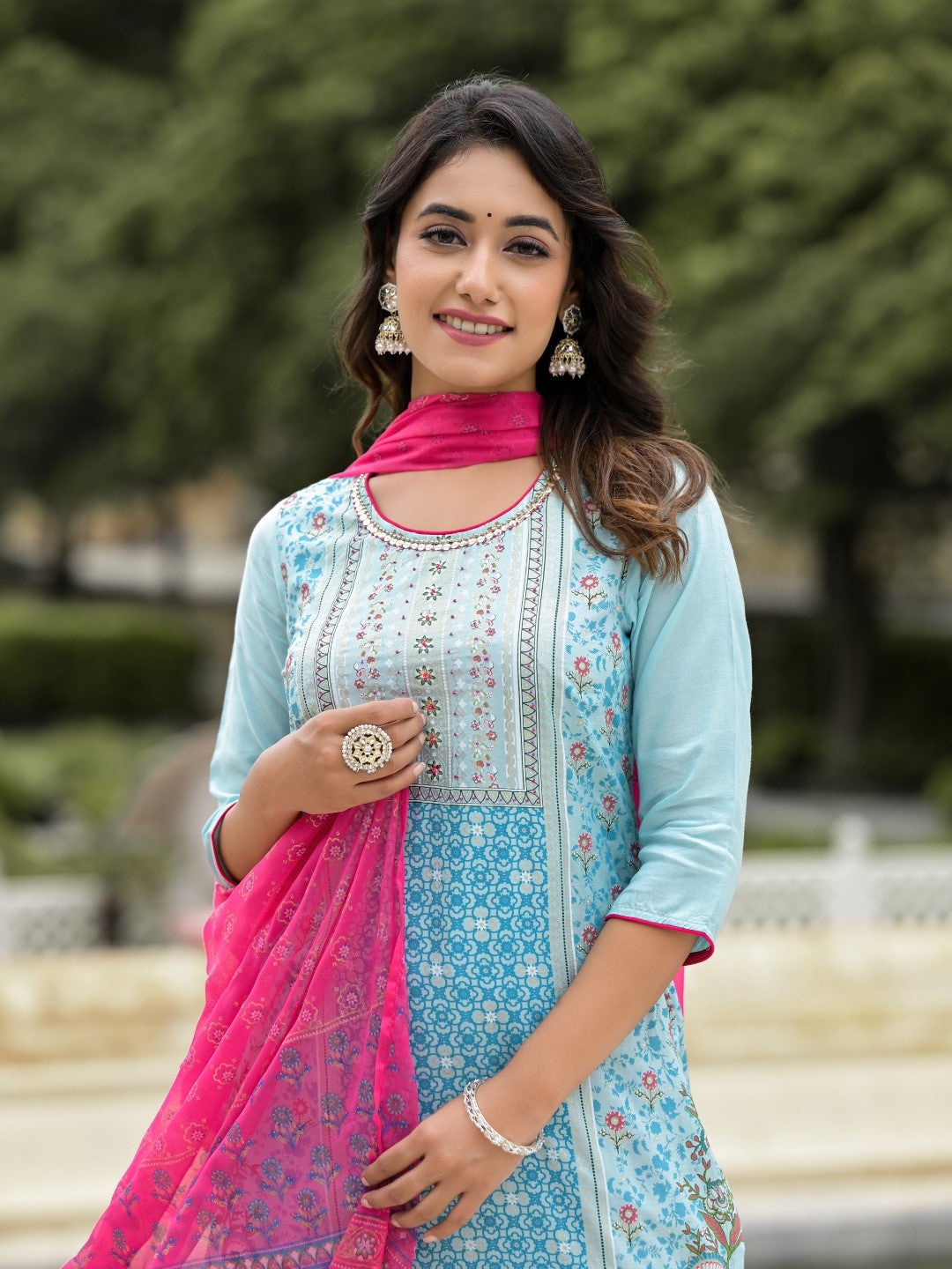 Juniper Women's Sky Blue Ethnic Motif Printed Viscose Kurta Pant And Dupatta Set With Sequins Work And Beads Work