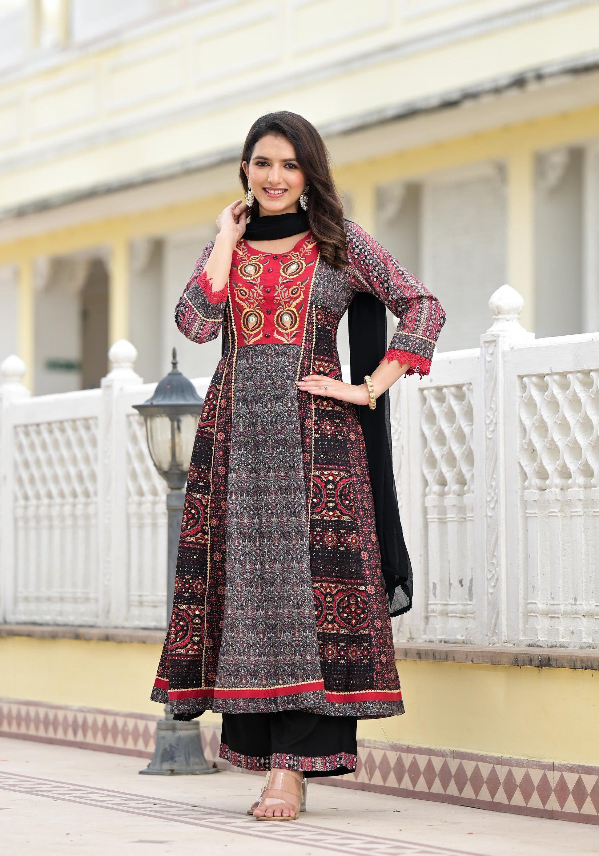 Juniper Women's Black Silk Blend Printed Kurta Set