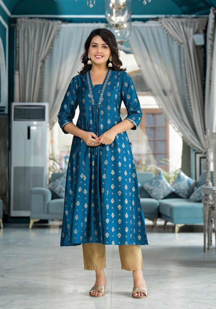 Juniper Women's Blue Ethnic Motif Printed Polycotton Kurta Pant And Dupatta Set With Sequins Gota Patti & Beads