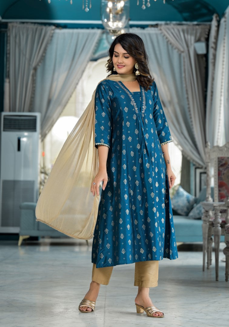 Juniper Women's Blue Ethnic Motif Printed Polycotton Kurta Pant And Dupatta Set With Sequins Gota Patti & Beads