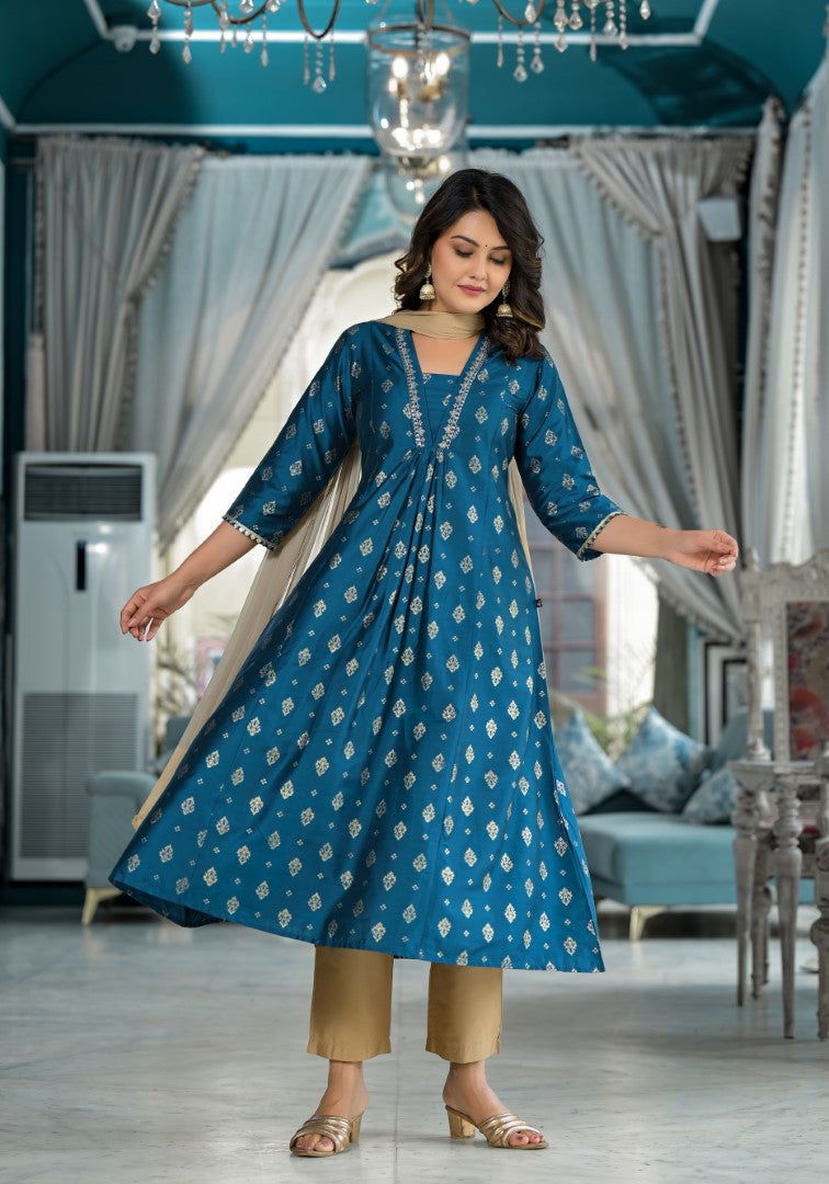Juniper Women's Blue Ethnic Motif Printed Polycotton Kurta Pant And Dupatta Set With Sequins Gota Patti & Beads