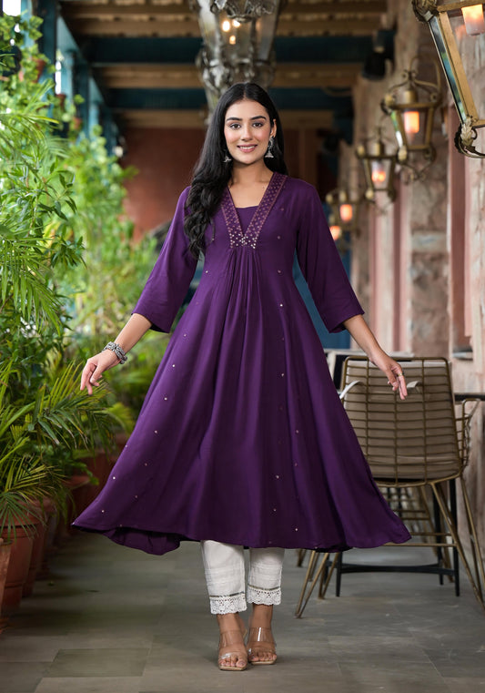 Juniper Plum Solid Liva Rayon Kurta With Mirror Work