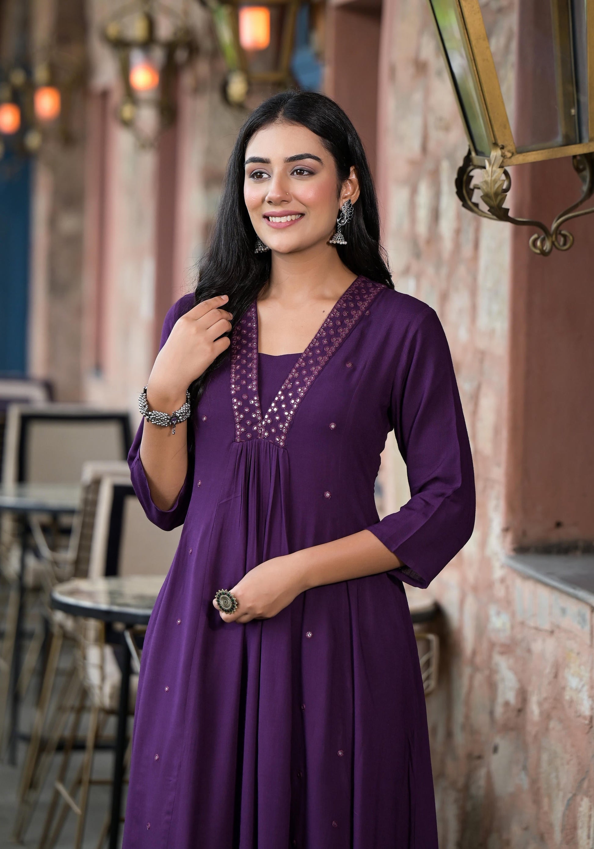 Juniper Plum Solid Liva Rayon Kurta With Mirror Work