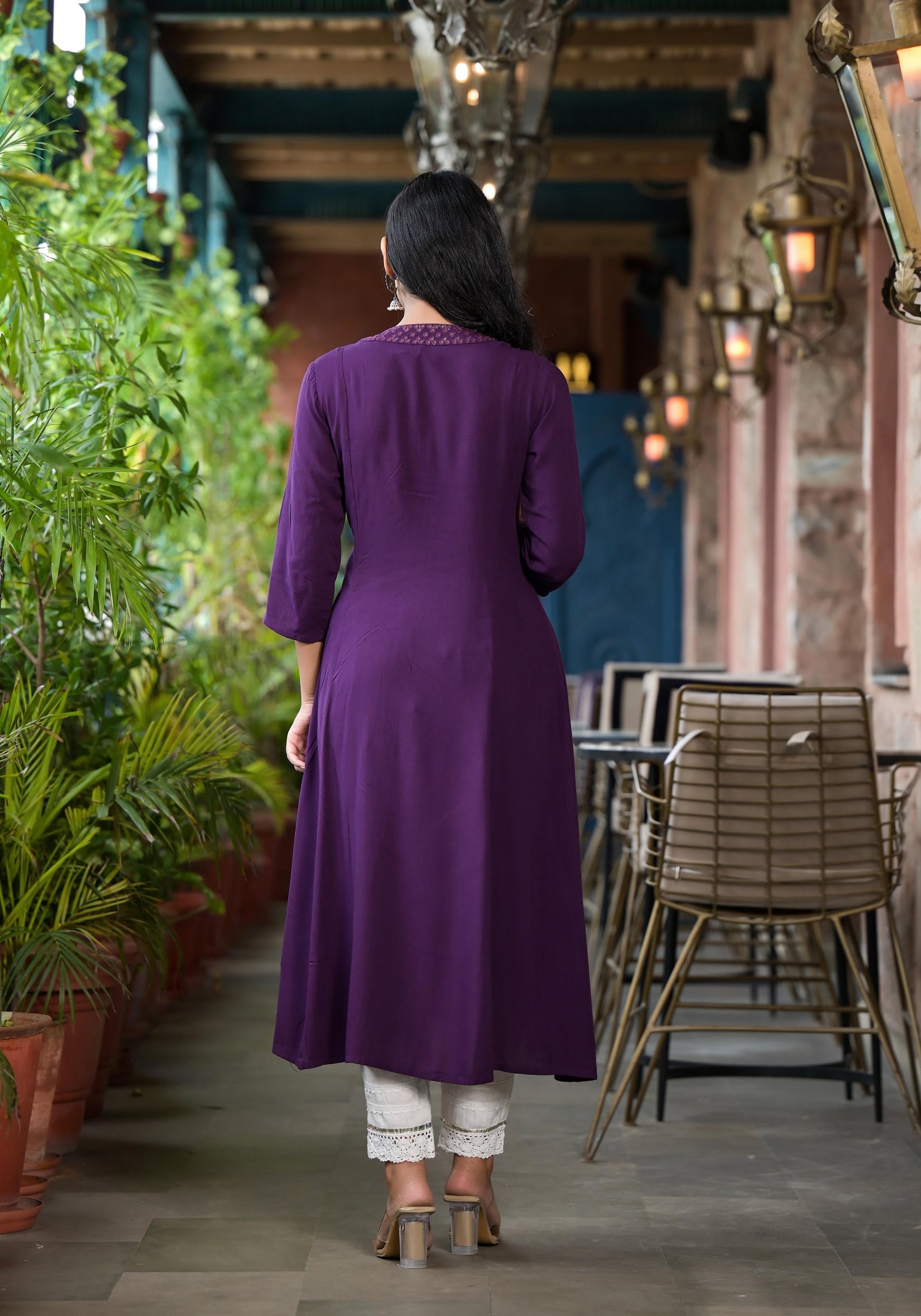 Juniper Plum Solid Liva Rayon Kurta With Mirror Work