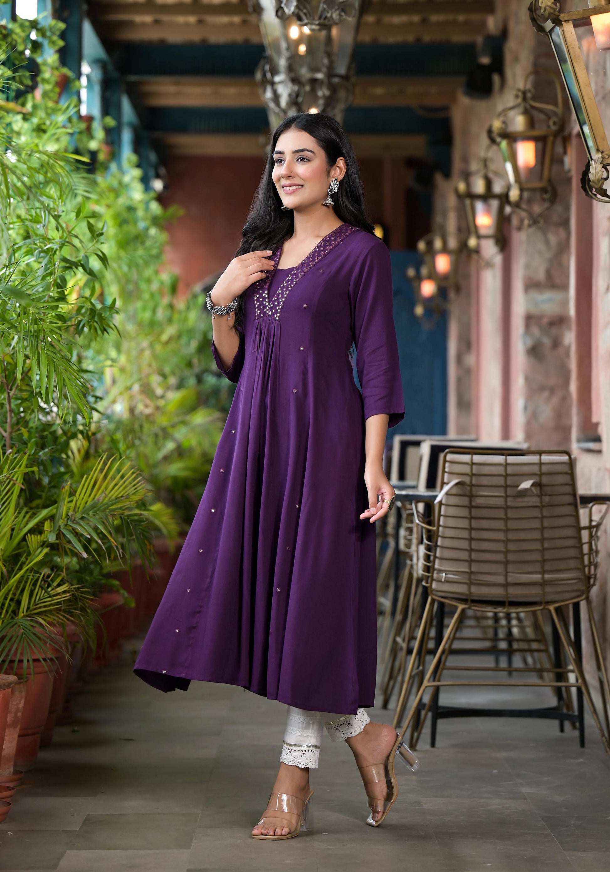 Juniper Plum Solid Liva Rayon Kurta With Mirror Work