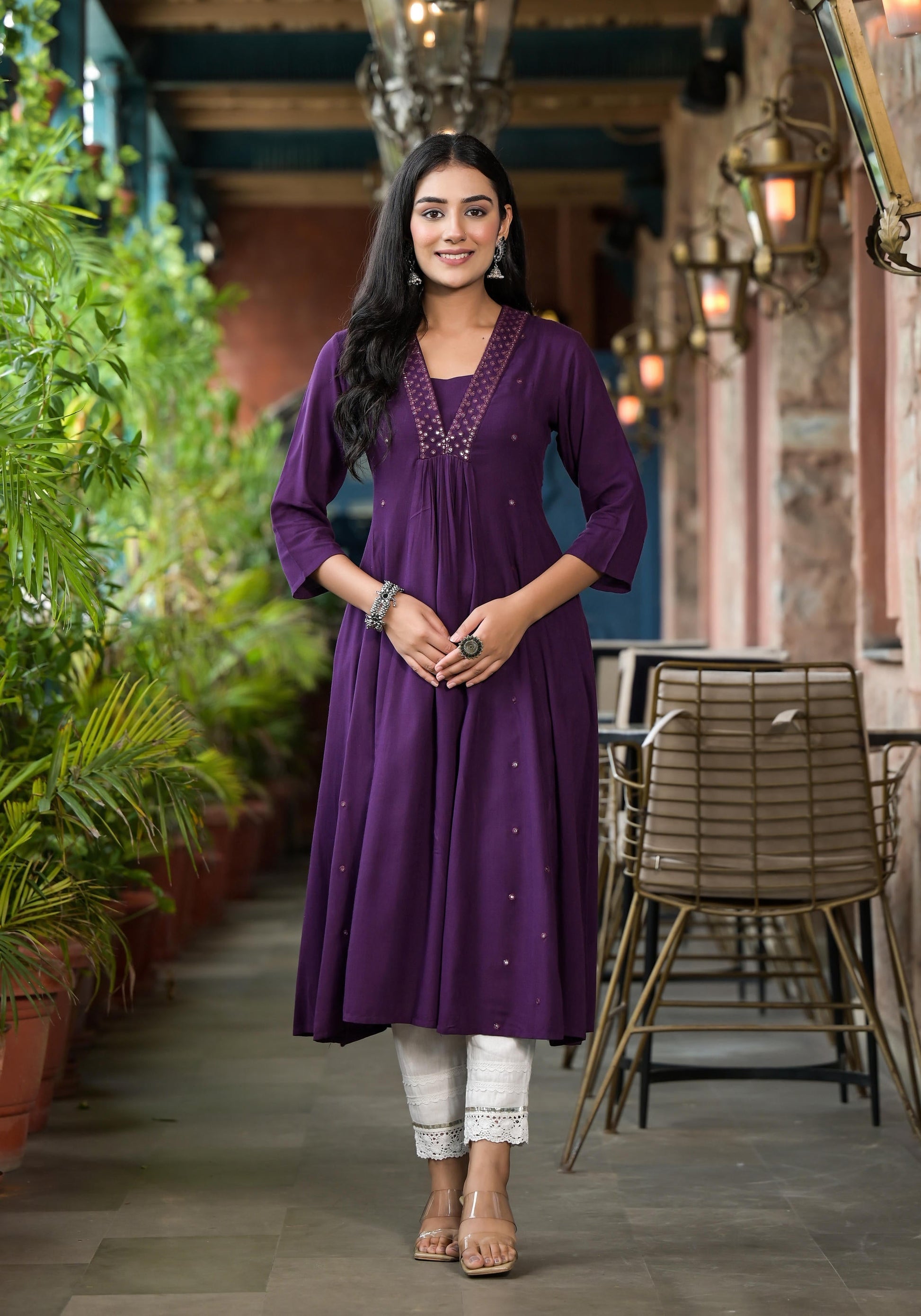 Juniper Plum Solid Liva Rayon Kurta With Mirror Work