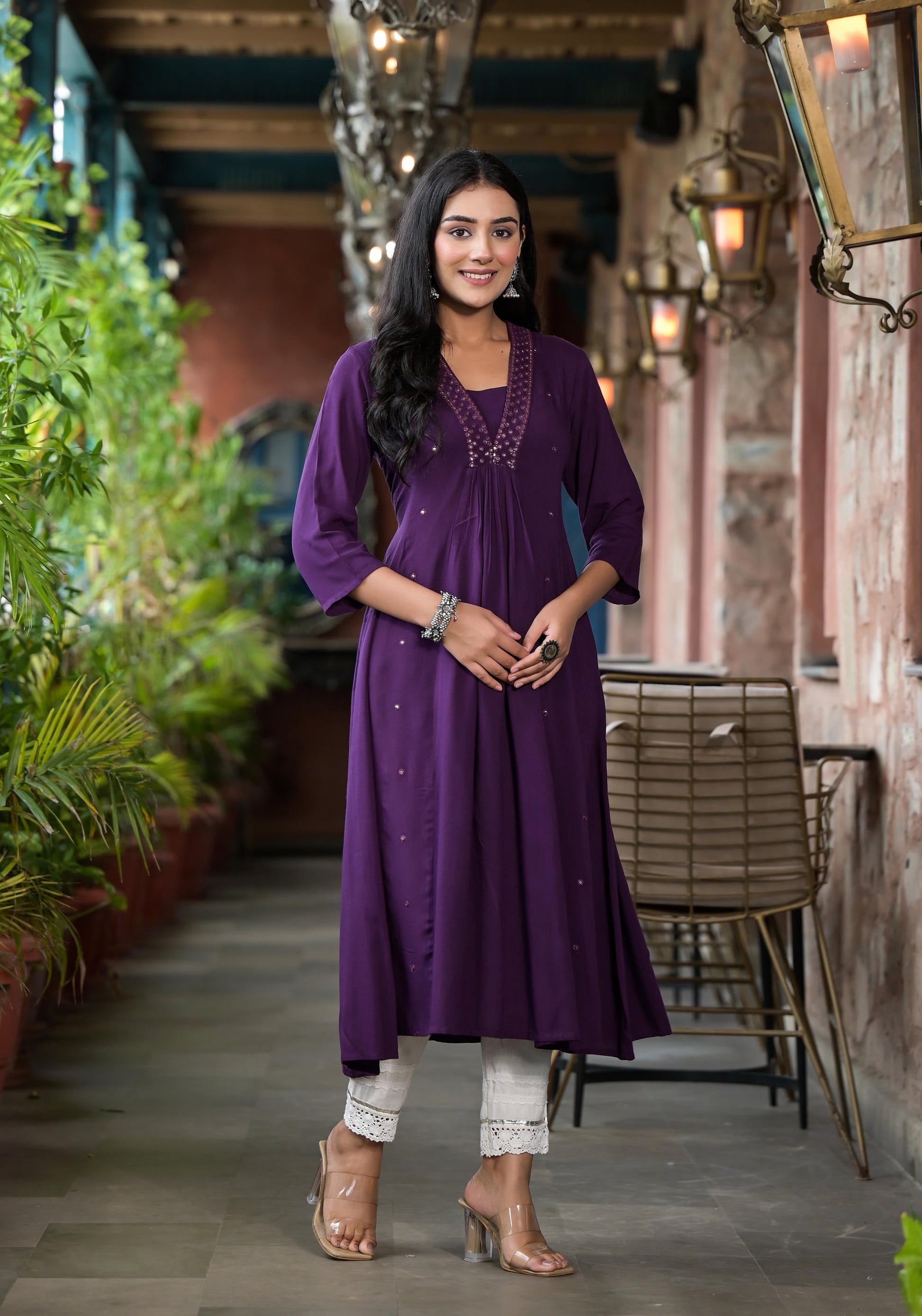 Juniper Plum Solid Liva Rayon Kurta With Mirror Work