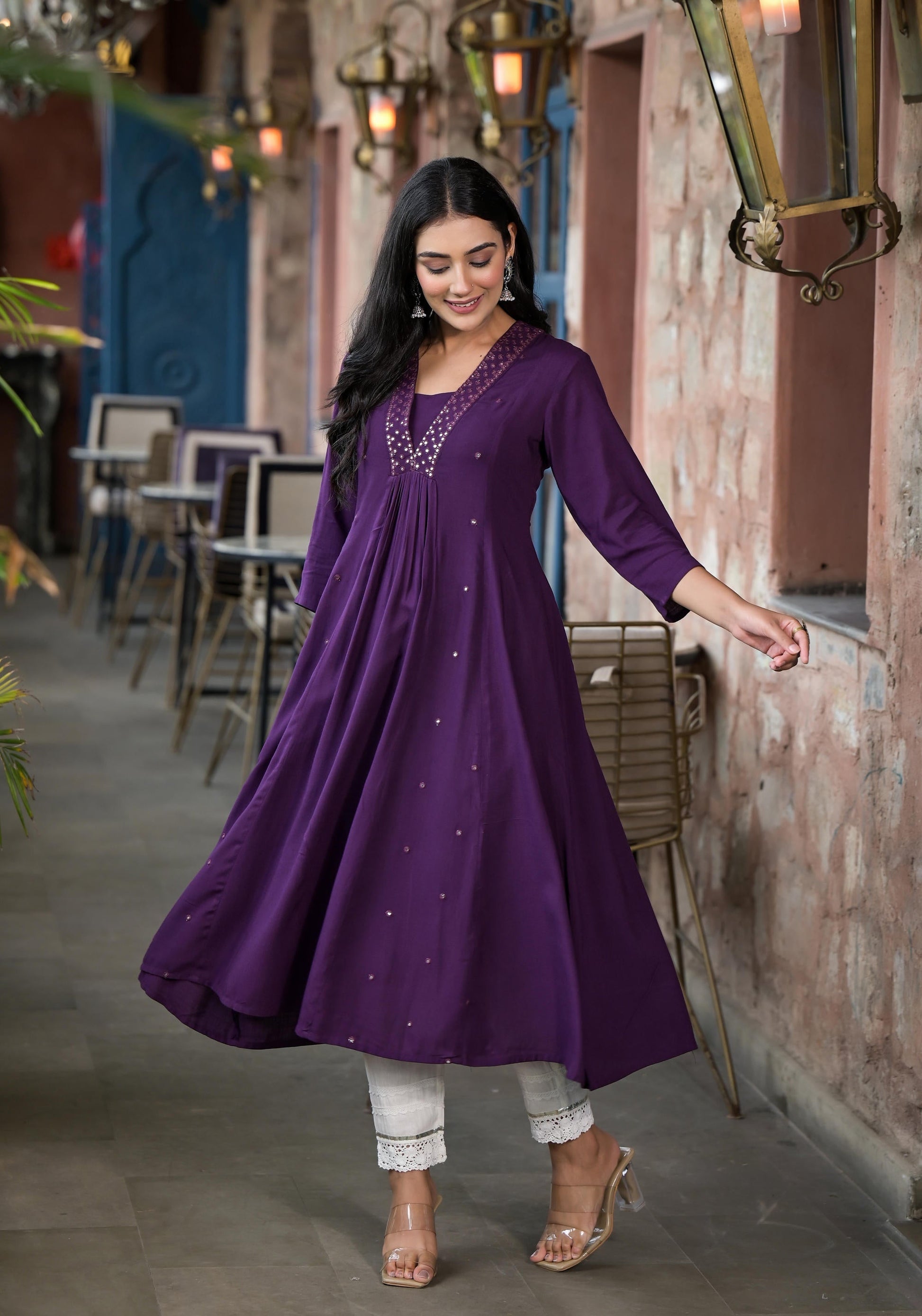 Juniper Plum Solid Liva Rayon Kurta With Mirror Work