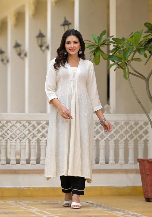 Juniper Off-White Solid Kurta With Mirror Work | Grab2Buy