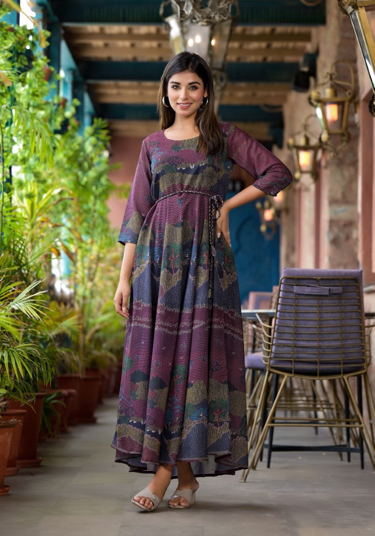 Juniper Women's Black Abstract Printed Georgette Dress With Doris At Waist